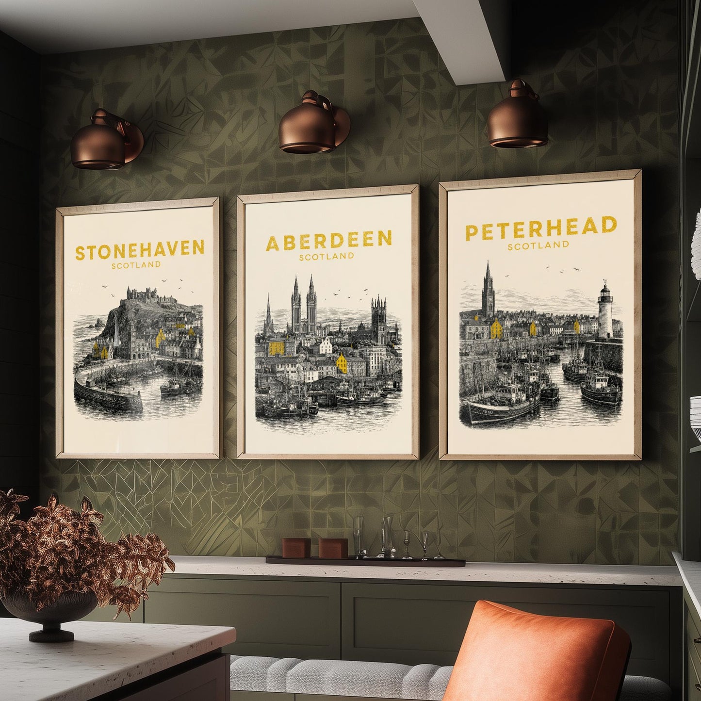 Set of Three Aberdeenshire Travel Posters - Stonehaven, Aberdeen, Peterhead - Vintage Duotone Art Prints - Scotland Illustration Gift