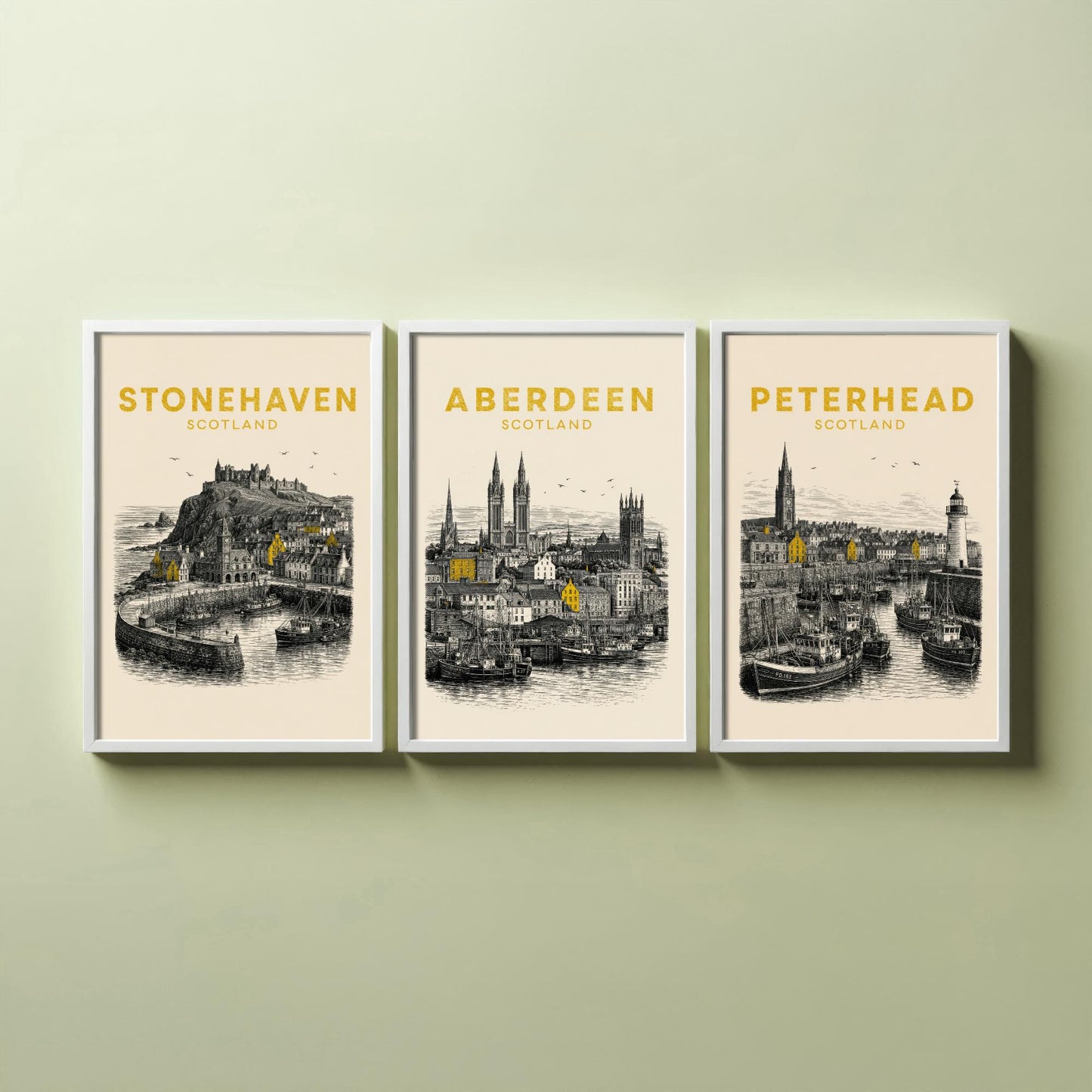 Set of Three Aberdeenshire Travel Posters - Stonehaven, Aberdeen, Peterhead - Vintage Duotone Art Prints - Scotland Illustration Gift