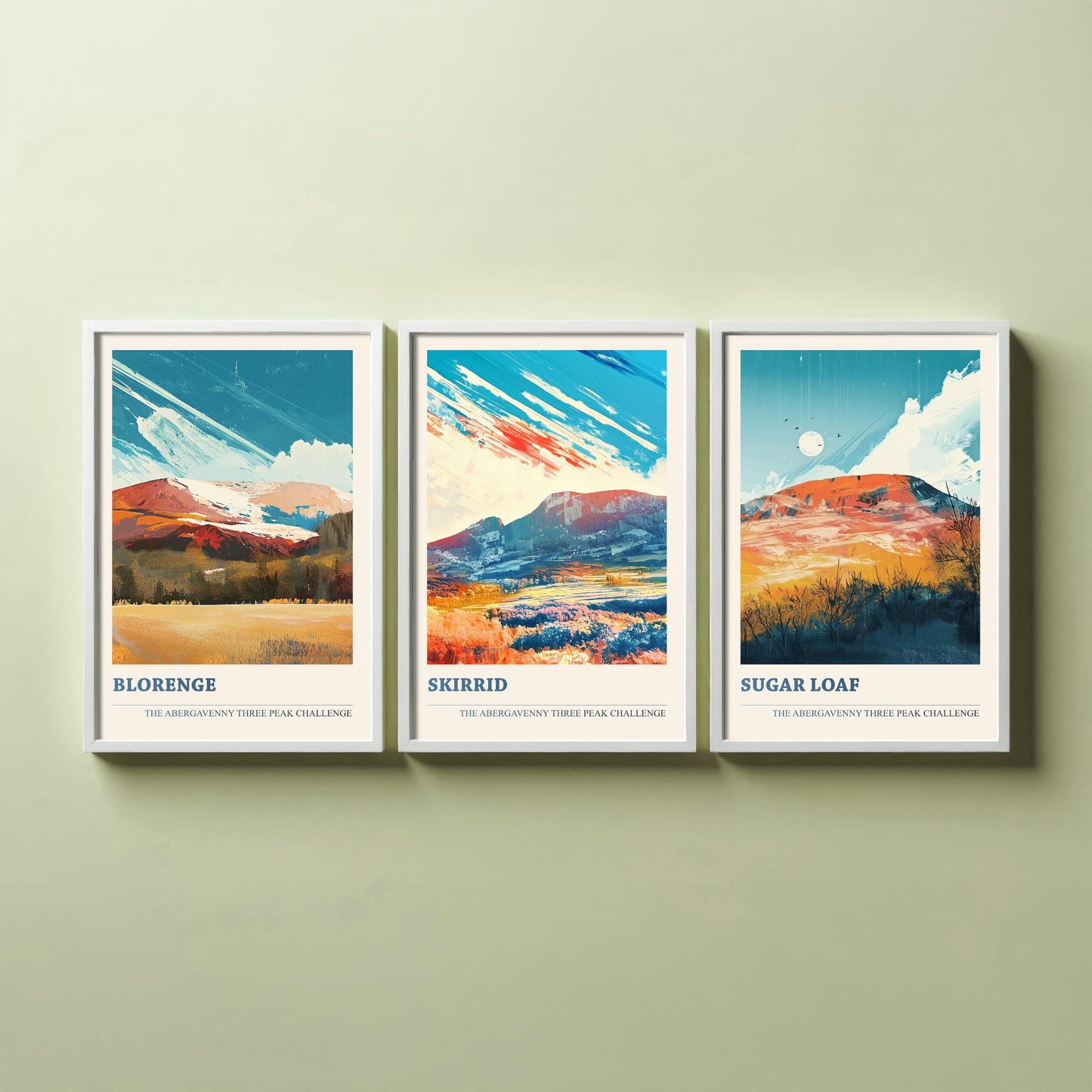 Abergavenny Three Peak Challenge Set of Three Art Prints - Blorenge, Skirrid, Sugar Loaf - Arctic Energy Welsh Mountain Poster Painting