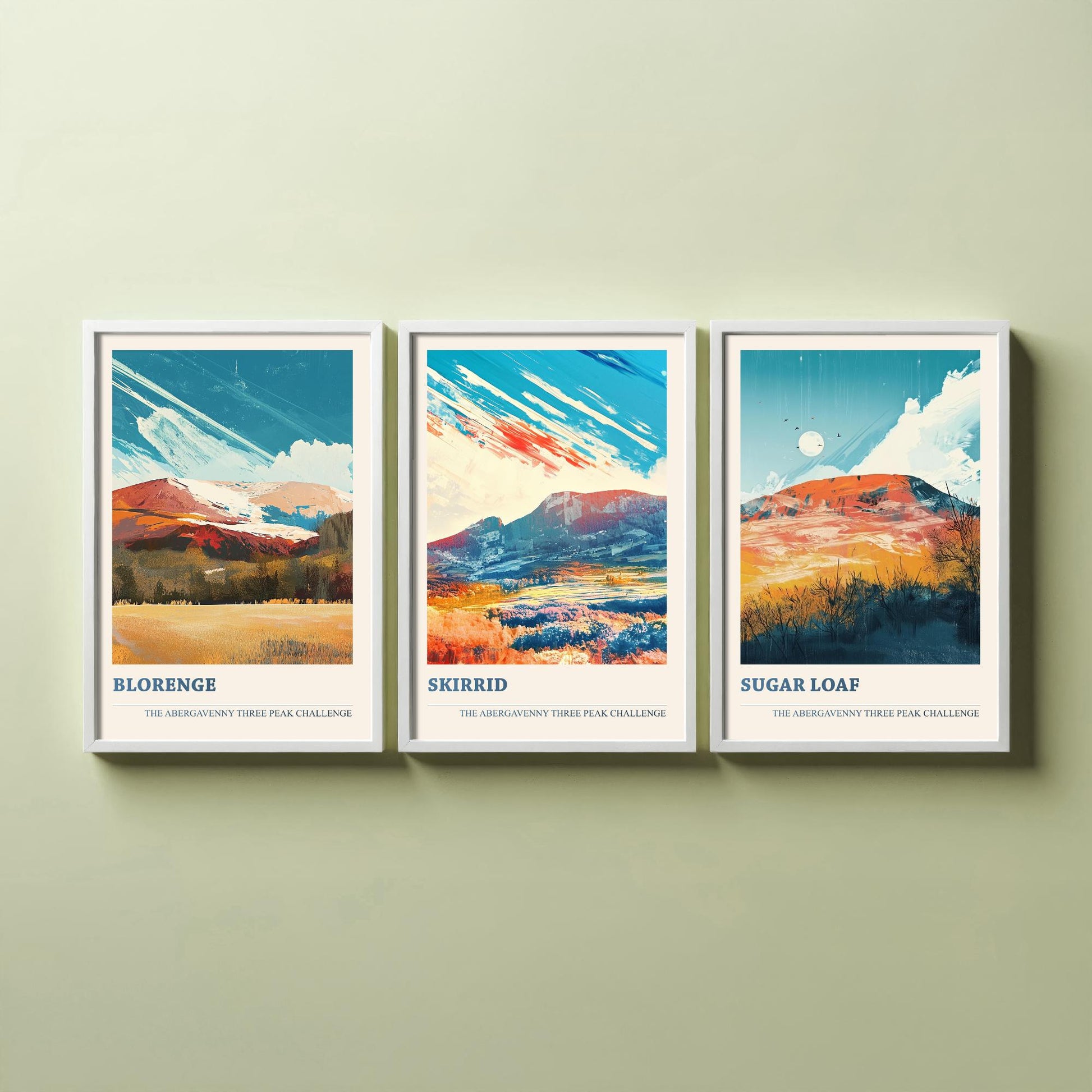 Abergavenny Three Peak Challenge Set of Three Art Prints - Blorenge, Skirrid, Sugar Loaf - Arctic Energy Welsh Mountain Poster Painting