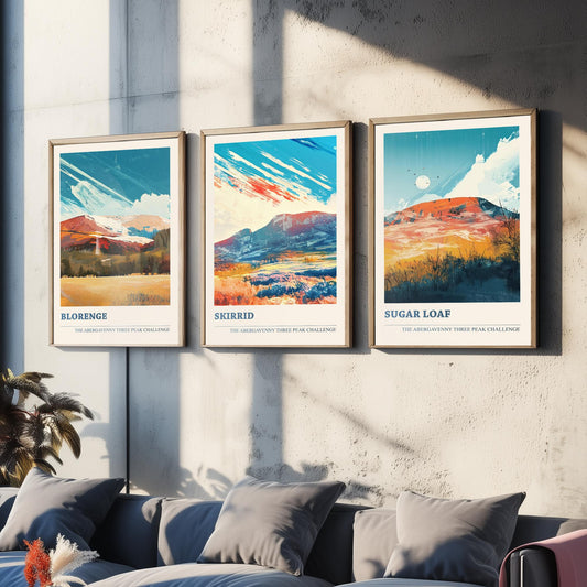 Abergavenny Three Peak Challenge Set of Three Art Prints - Blorenge, Skirrid, Sugar Loaf - Arctic Energy Welsh Mountain Poster Painting