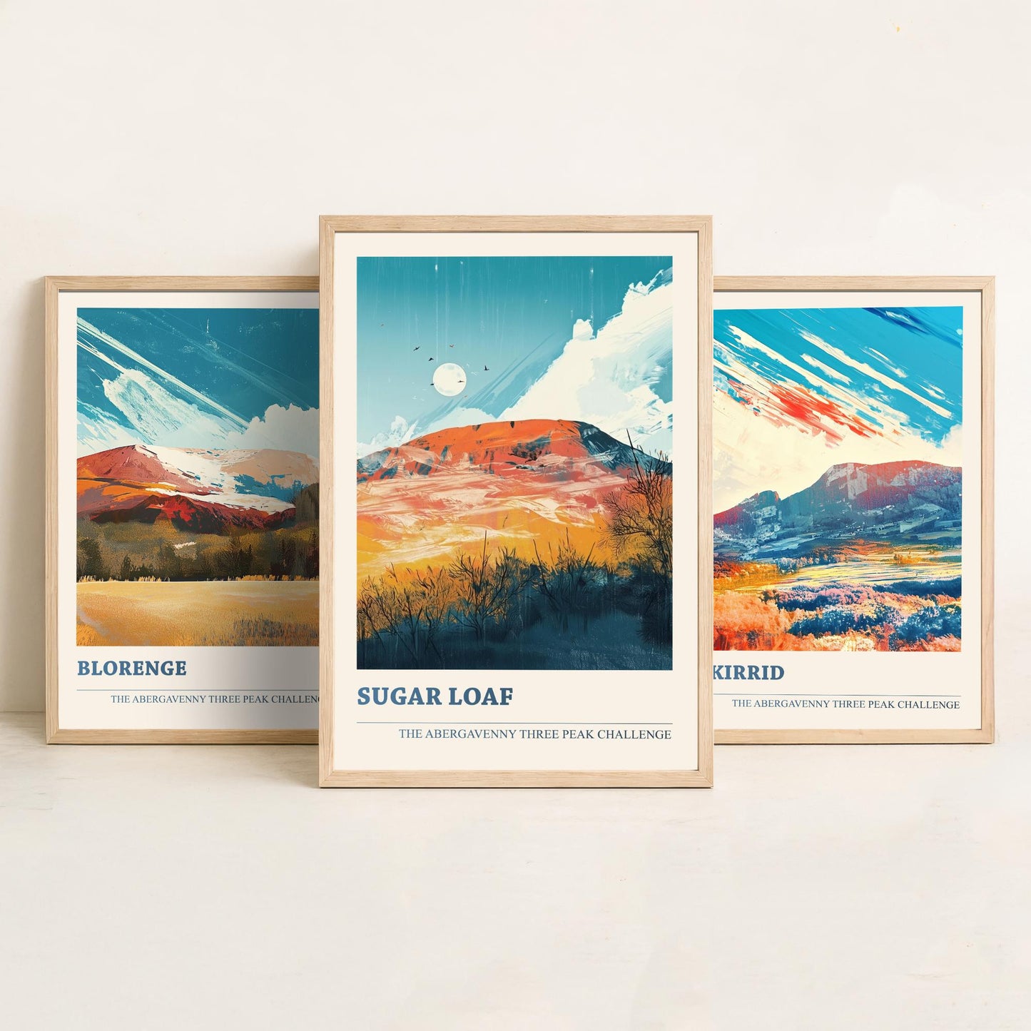 Abergavenny Three Peak Challenge Set of Three Art Prints - Blorenge, Skirrid, Sugar Loaf - Arctic Energy Welsh Mountain Poster Painting