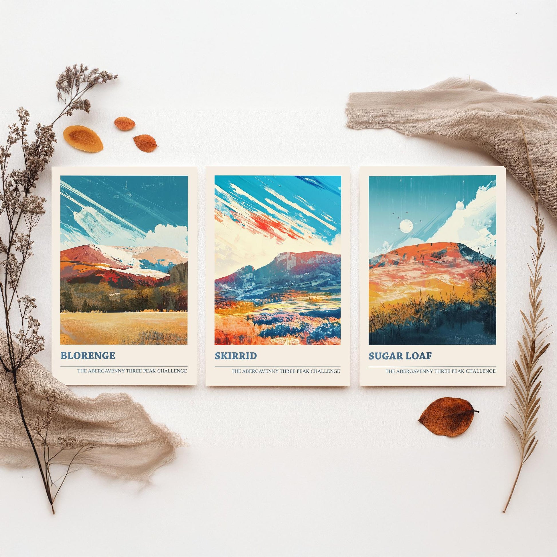 Abergavenny Three Peak Challenge Set of Three Art Prints - Blorenge, Skirrid, Sugar Loaf - Arctic Energy Welsh Mountain Poster Painting