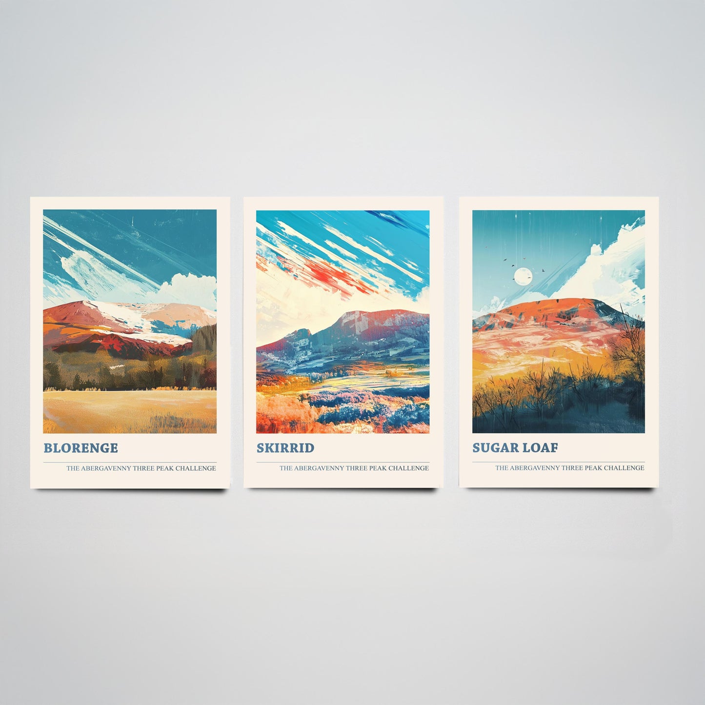 Abergavenny Three Peak Challenge Set of Three Art Prints - Blorenge, Skirrid, Sugar Loaf - Arctic Energy Welsh Mountain Poster Painting
