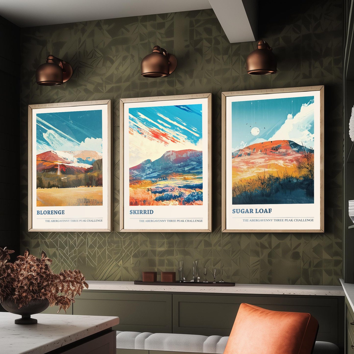 Abergavenny Three Peak Challenge Set of Three Art Prints - Blorenge, Skirrid, Sugar Loaf - Arctic Energy Welsh Mountain Poster Painting