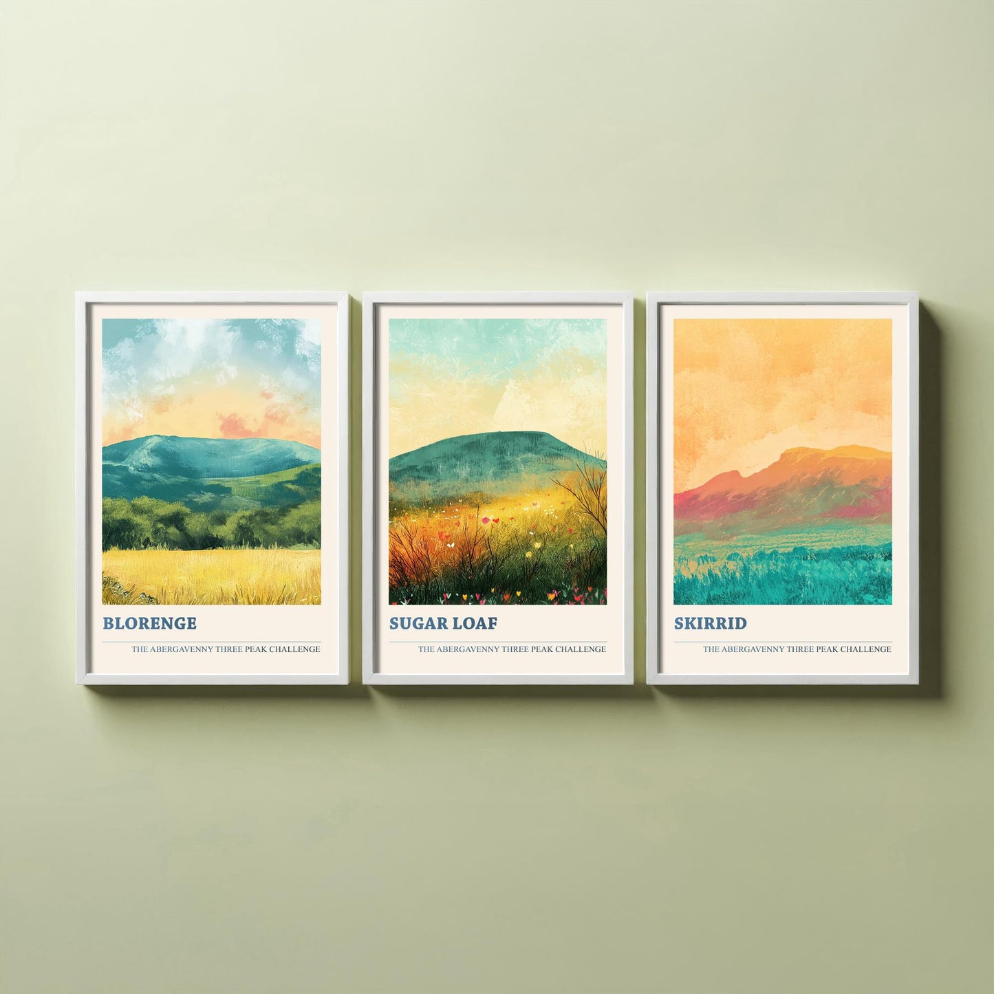 Abergavenny Three Peaks Set of Three Art Prints - Blorenge, Sugar Loaf, Skirrid - Golden Calm Pastel Welsh Mountain Posters Painting