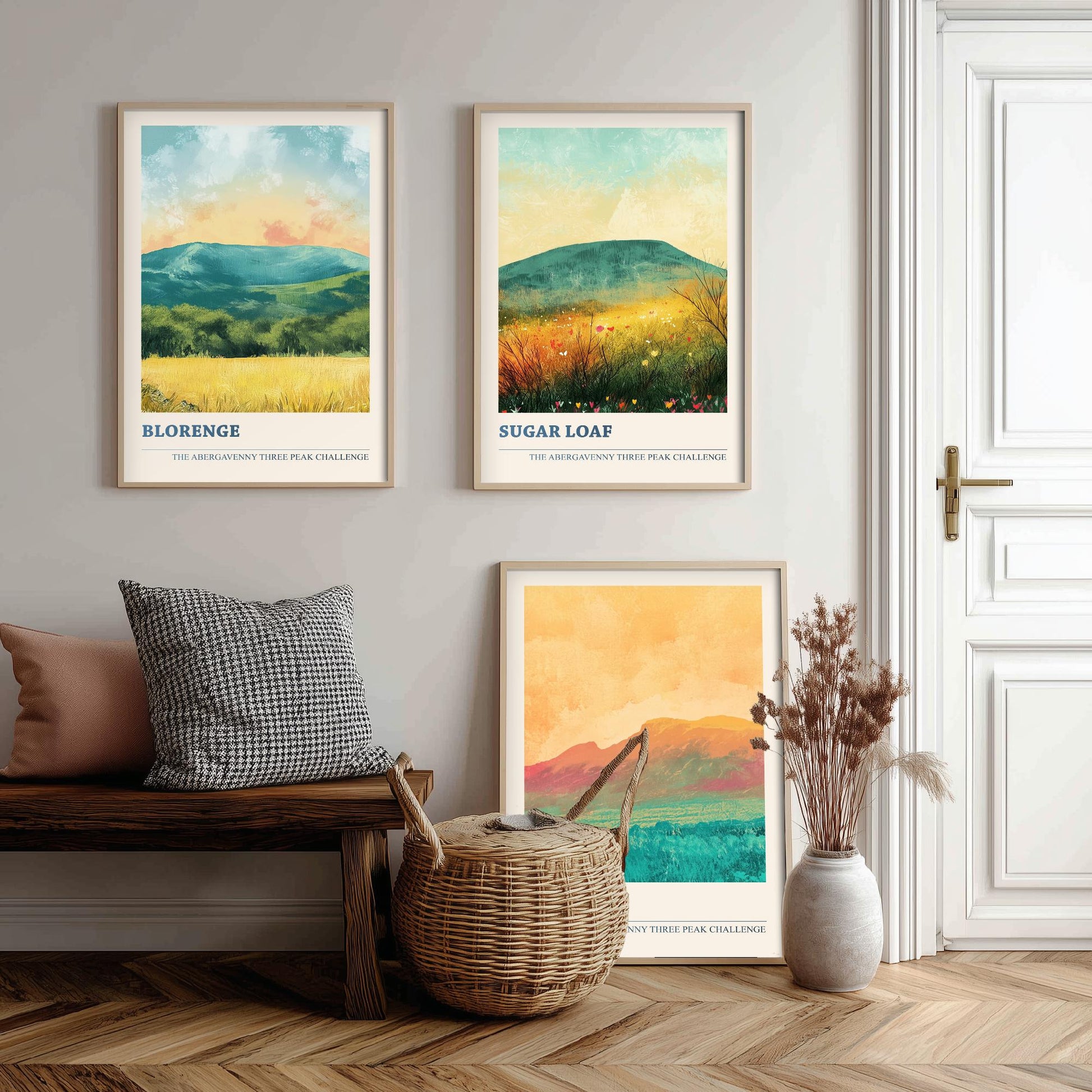 Abergavenny Three Peaks Set of Three Art Prints - Blorenge, Sugar Loaf, Skirrid - Golden Calm Pastel Welsh Mountain Posters Painting