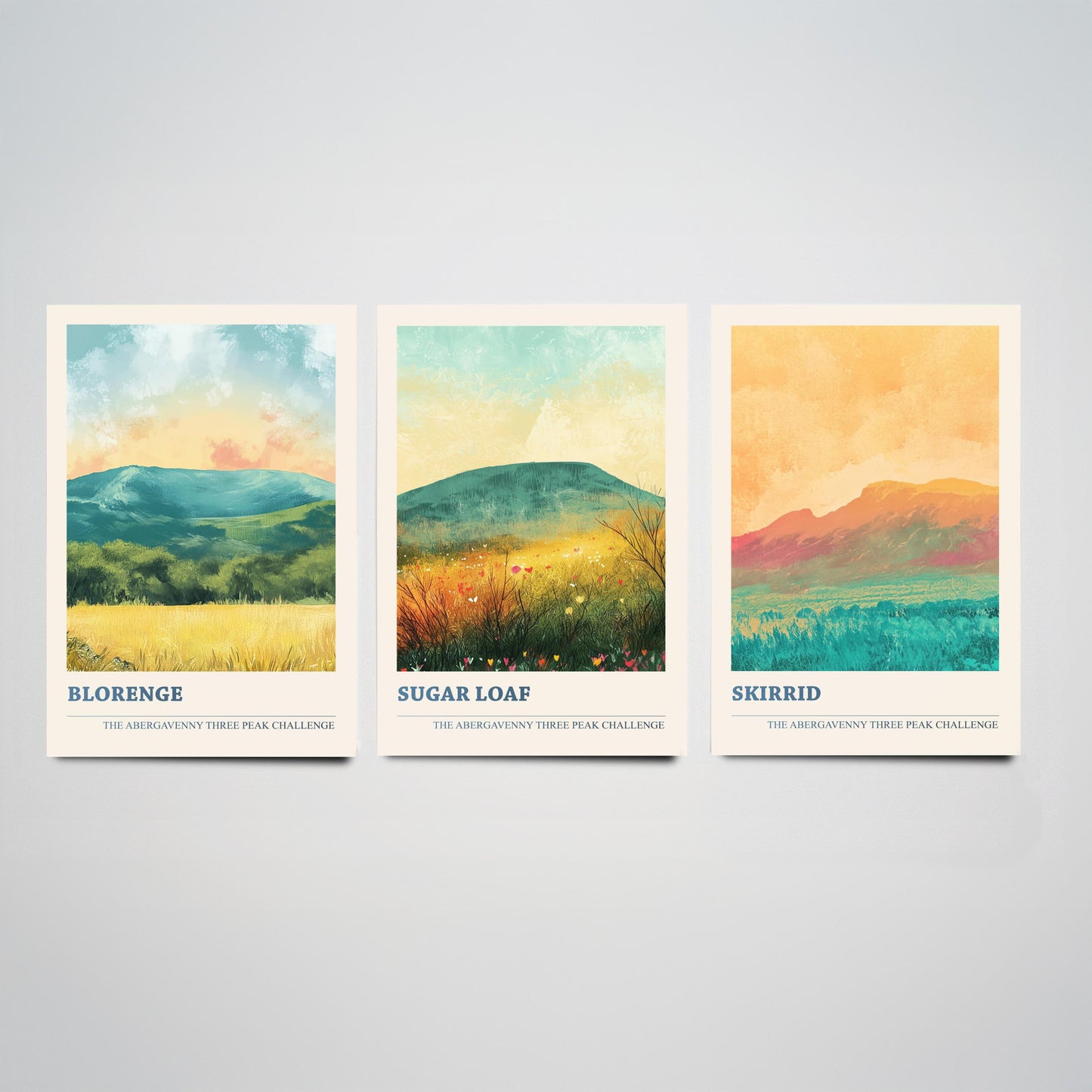 Abergavenny Three Peaks Set of Three Art Prints - Blorenge, Sugar Loaf, Skirrid - Golden Calm Pastel Welsh Mountain Posters Painting