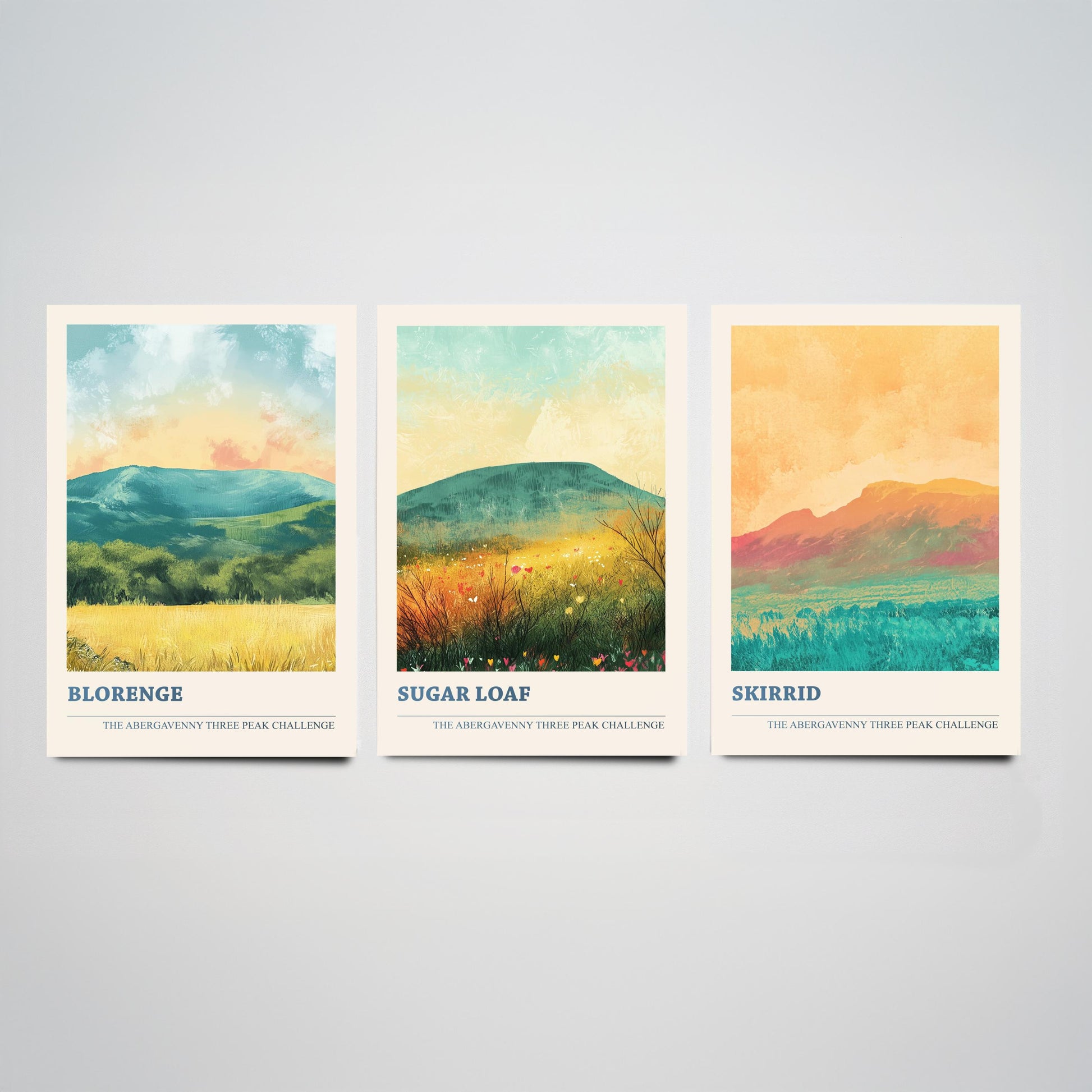 Abergavenny Three Peaks Set of Three Art Prints - Blorenge, Sugar Loaf, Skirrid - Golden Calm Pastel Welsh Mountain Posters Painting