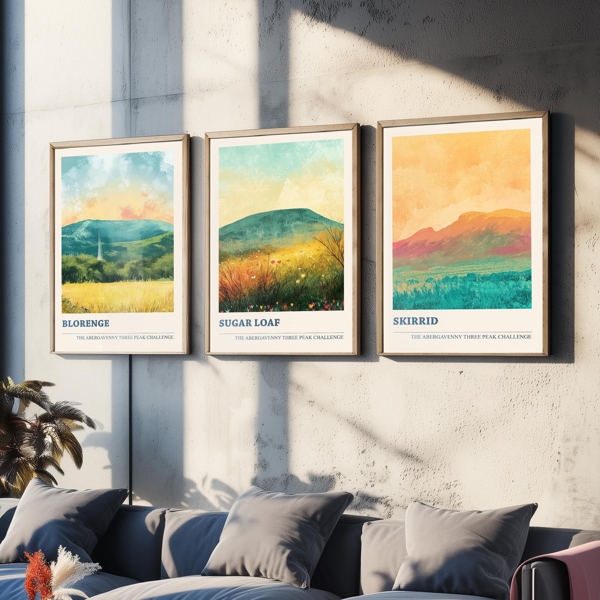 Abergavenny Three Peaks Set of Three Art Prints - Blorenge, Sugar Loaf, Skirrid - Golden Calm Pastel Welsh Mountain Posters Painting
