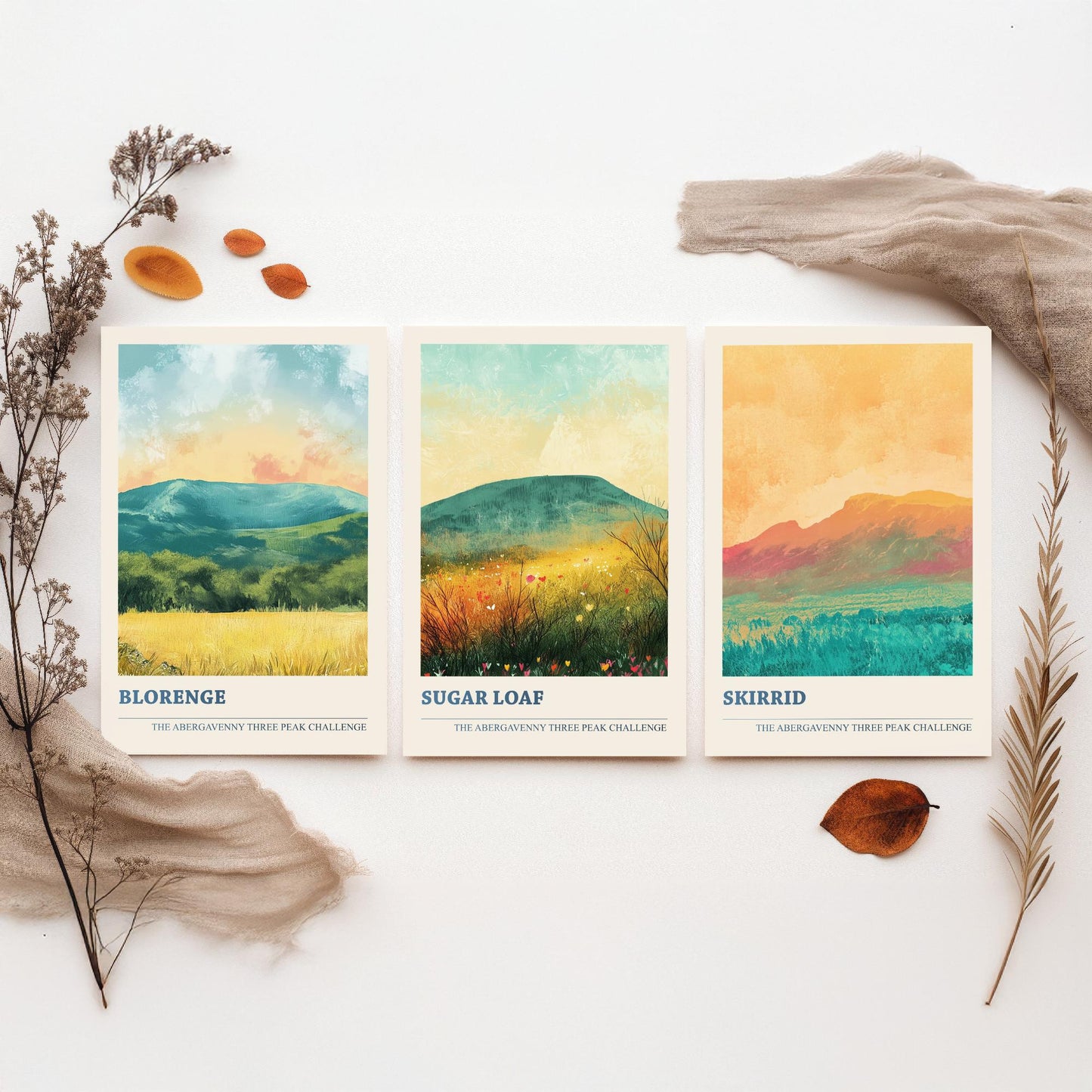 Abergavenny Three Peaks Set of Three Art Prints - Blorenge, Sugar Loaf, Skirrid - Golden Calm Pastel Welsh Mountain Posters Painting