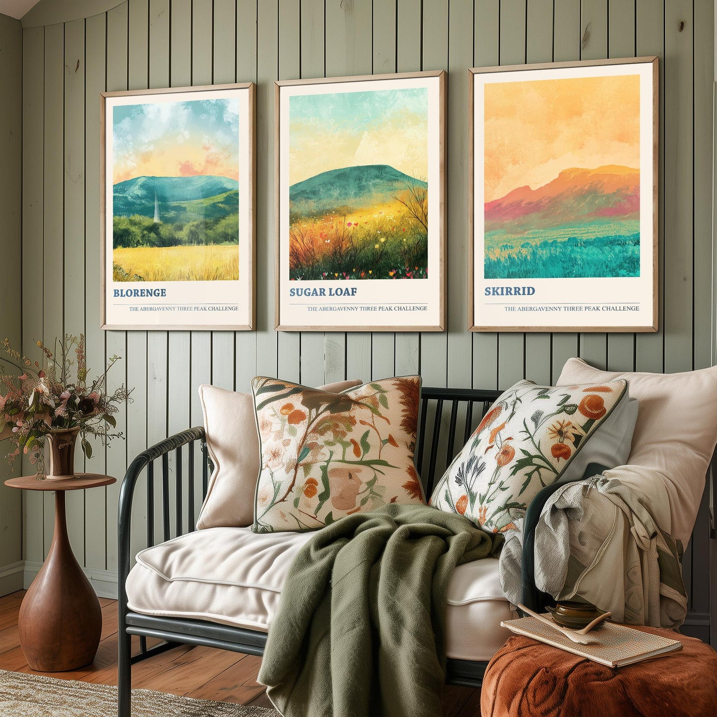 Abergavenny Three Peaks Set of Three Art Prints - Blorenge, Sugar Loaf, Skirrid - Golden Calm Pastel Welsh Mountain Posters Painting