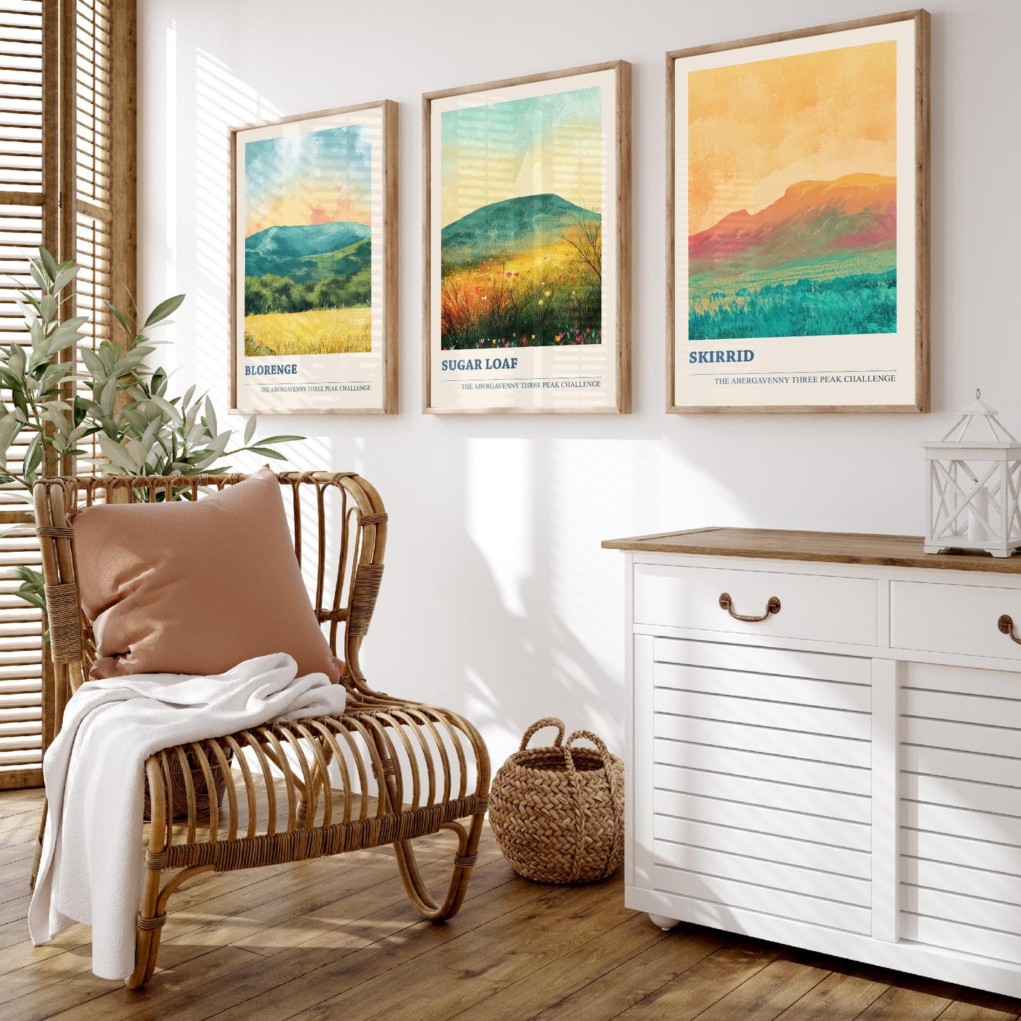 Abergavenny Three Peaks Set of Three Art Prints - Blorenge, Sugar Loaf, Skirrid - Golden Calm Pastel Welsh Mountain Posters Painting