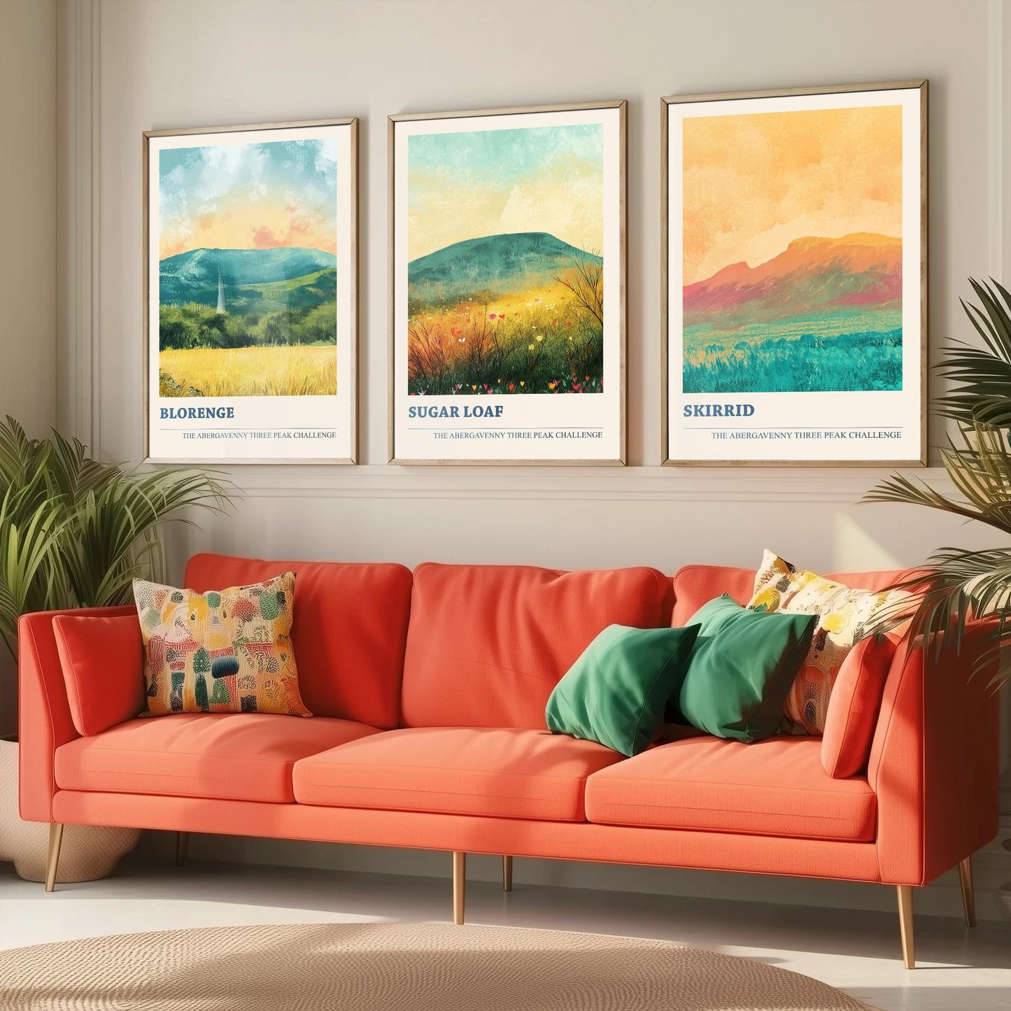 Abergavenny Three Peaks Set of Three Art Prints - Blorenge, Sugar Loaf, Skirrid - Golden Calm Pastel Welsh Mountain Posters Painting