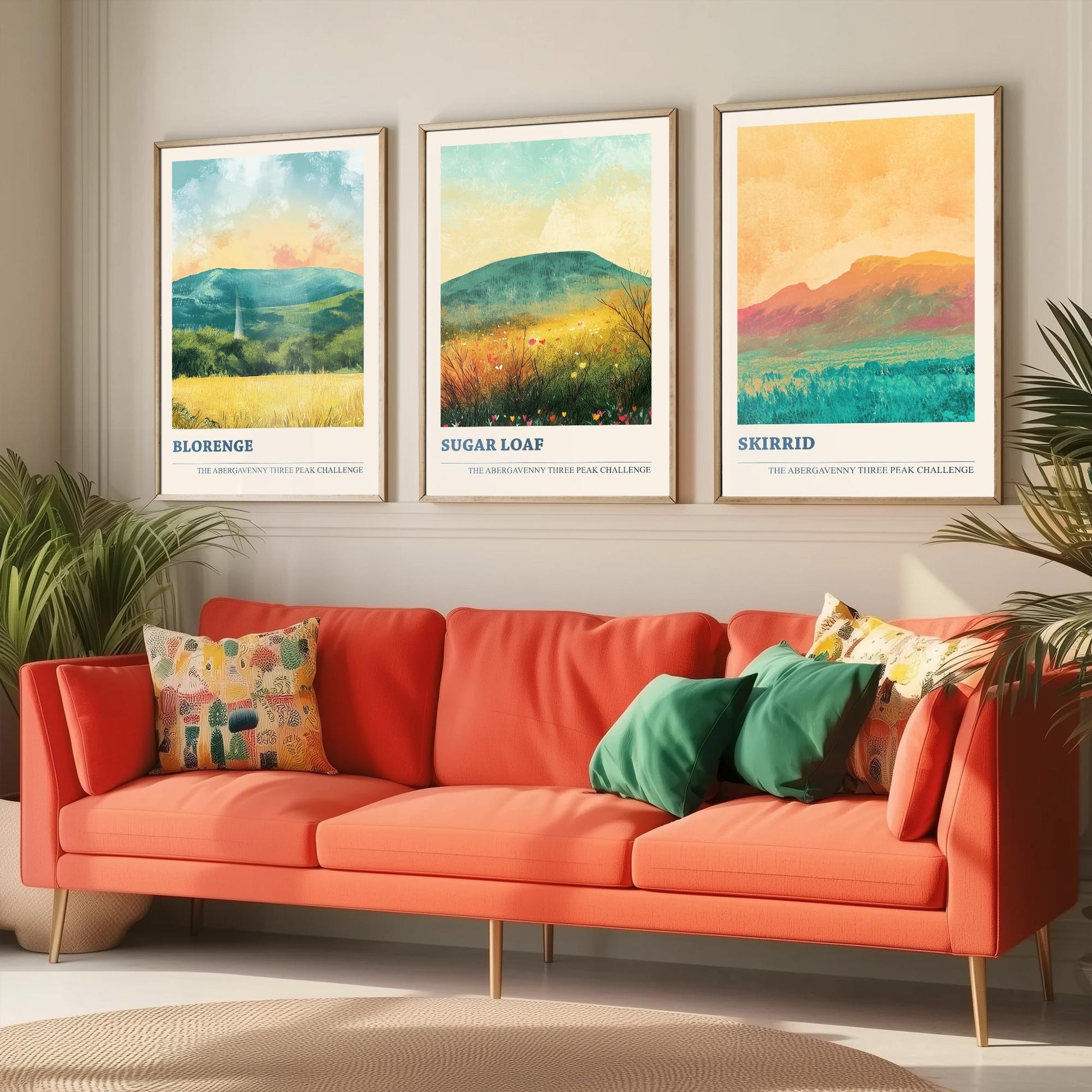 Abergavenny Three Peaks Set of Three Art Prints - Blorenge, Sugar Loaf, Skirrid - Golden Calm Pastel Welsh Mountain Posters Painting