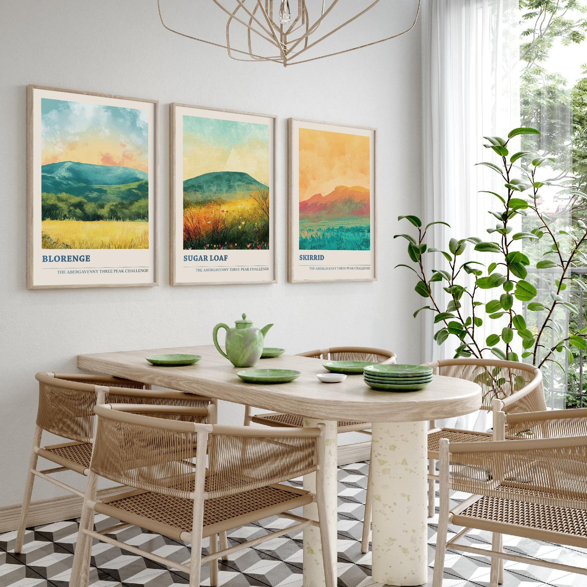 Abergavenny Three Peaks Set of Three Art Prints - Blorenge, Sugar Loaf, Skirrid - Golden Calm Pastel Welsh Mountain Posters Painting