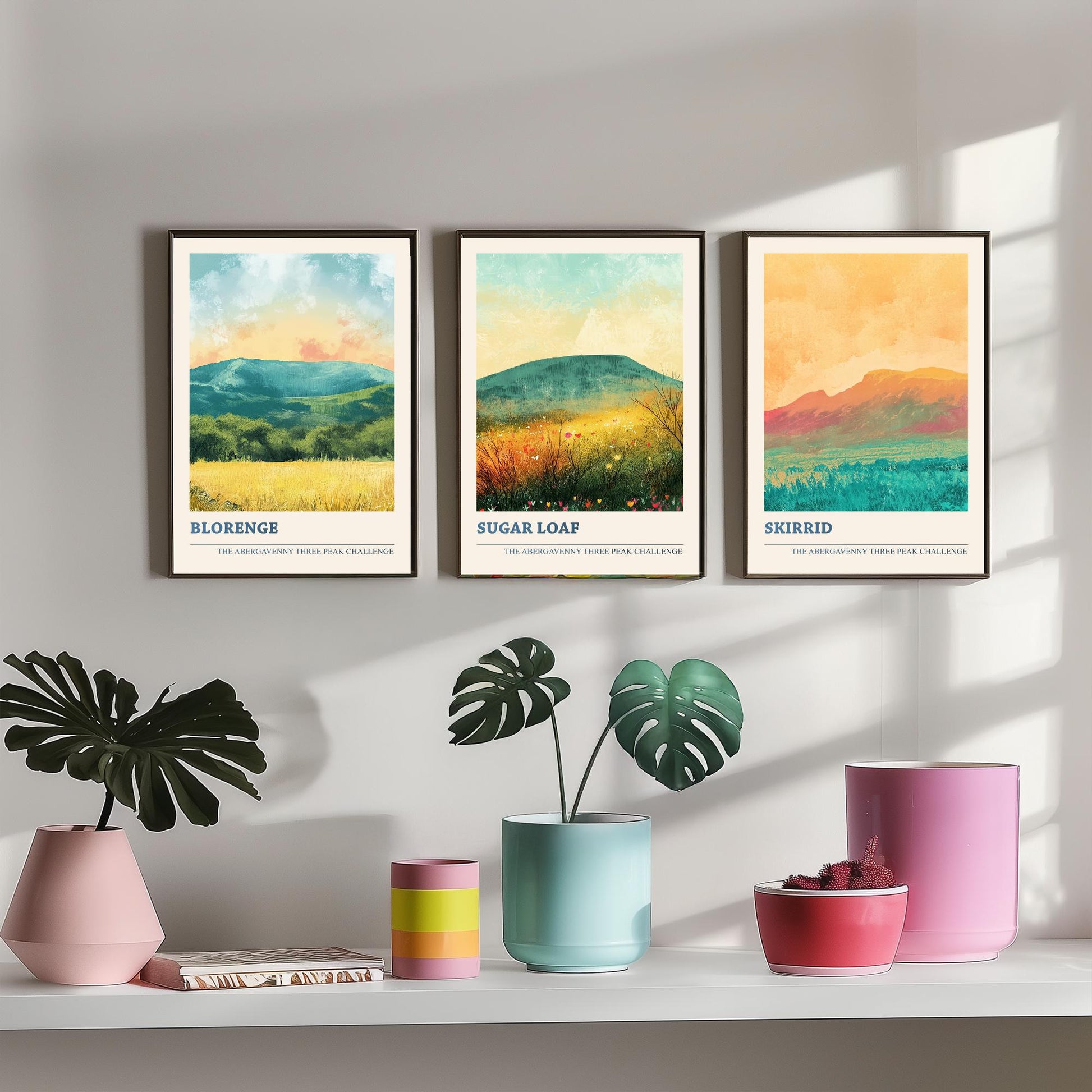 Abergavenny Three Peaks Set of Three Art Prints - Blorenge, Sugar Loaf, Skirrid - Golden Calm Pastel Welsh Mountain Posters Painting