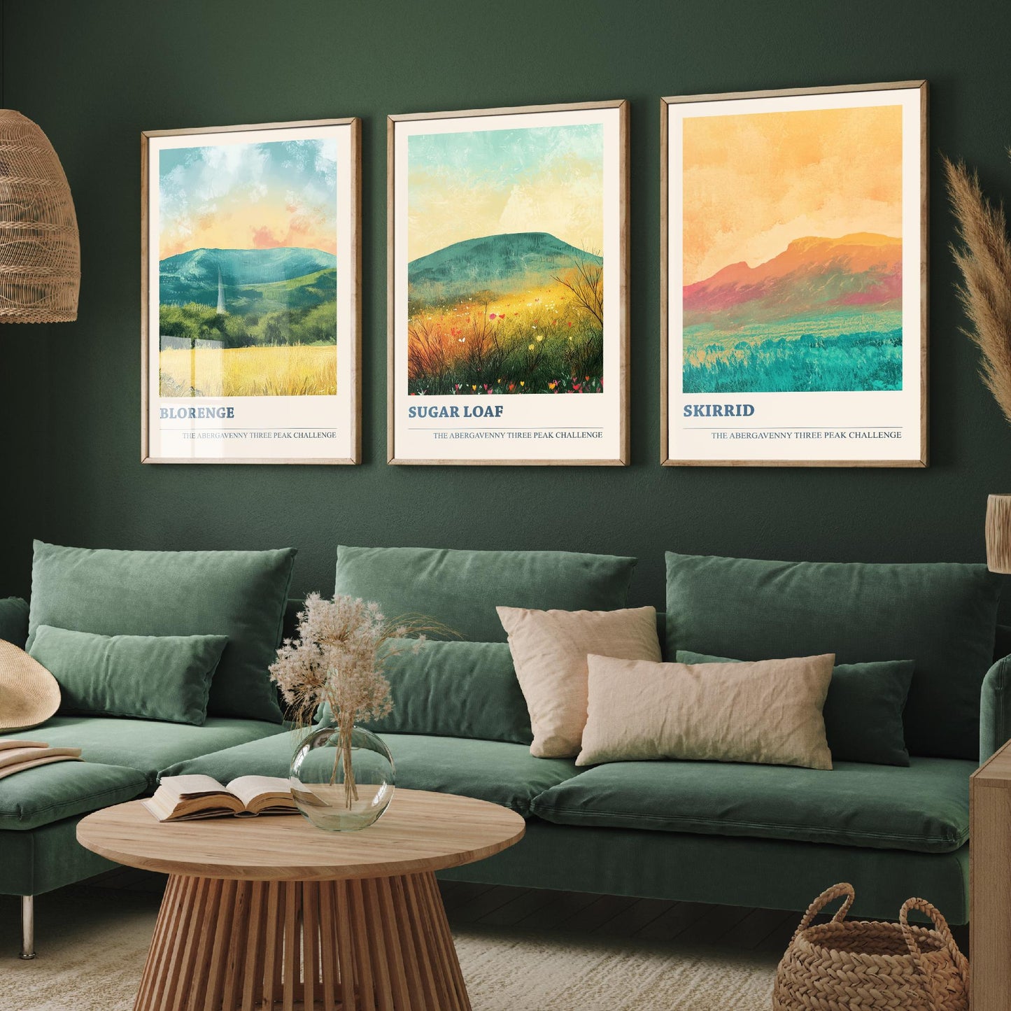 Abergavenny Three Peaks Set of Three Art Prints - Blorenge, Sugar Loaf, Skirrid - Golden Calm Pastel Welsh Mountain Posters Painting