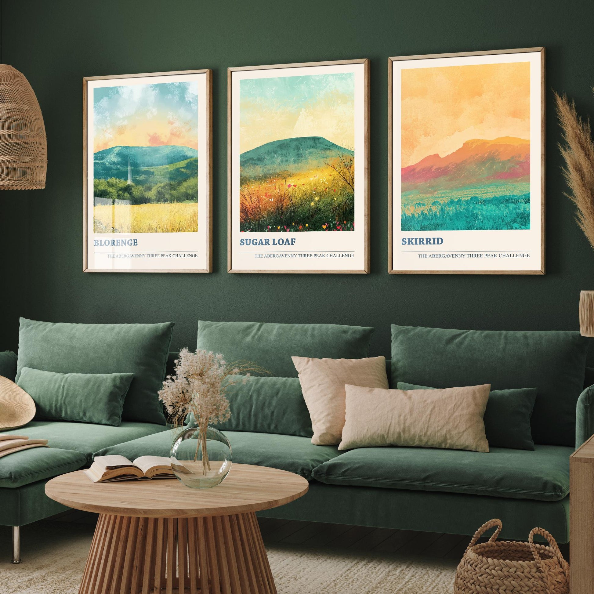 Abergavenny Three Peaks Set of Three Art Prints - Blorenge, Sugar Loaf, Skirrid - Golden Calm Pastel Welsh Mountain Posters Painting