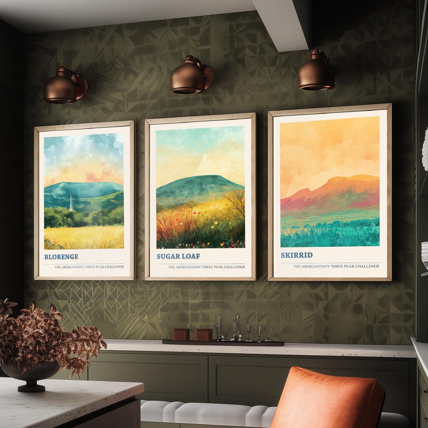 Abergavenny Three Peaks Set of Three Art Prints - Blorenge, Sugar Loaf, Skirrid - Golden Calm Pastel Welsh Mountain Posters Painting