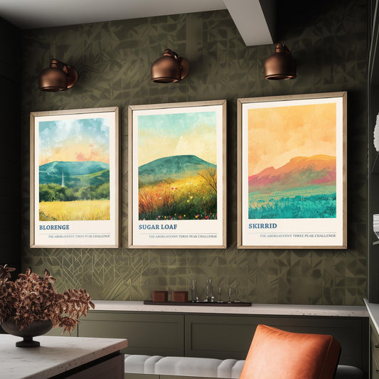 Abergavenny Three Peaks Set of Three Art Prints - Blorenge, Sugar Loaf, Skirrid - Golden Calm Pastel Welsh Mountain Posters Painting