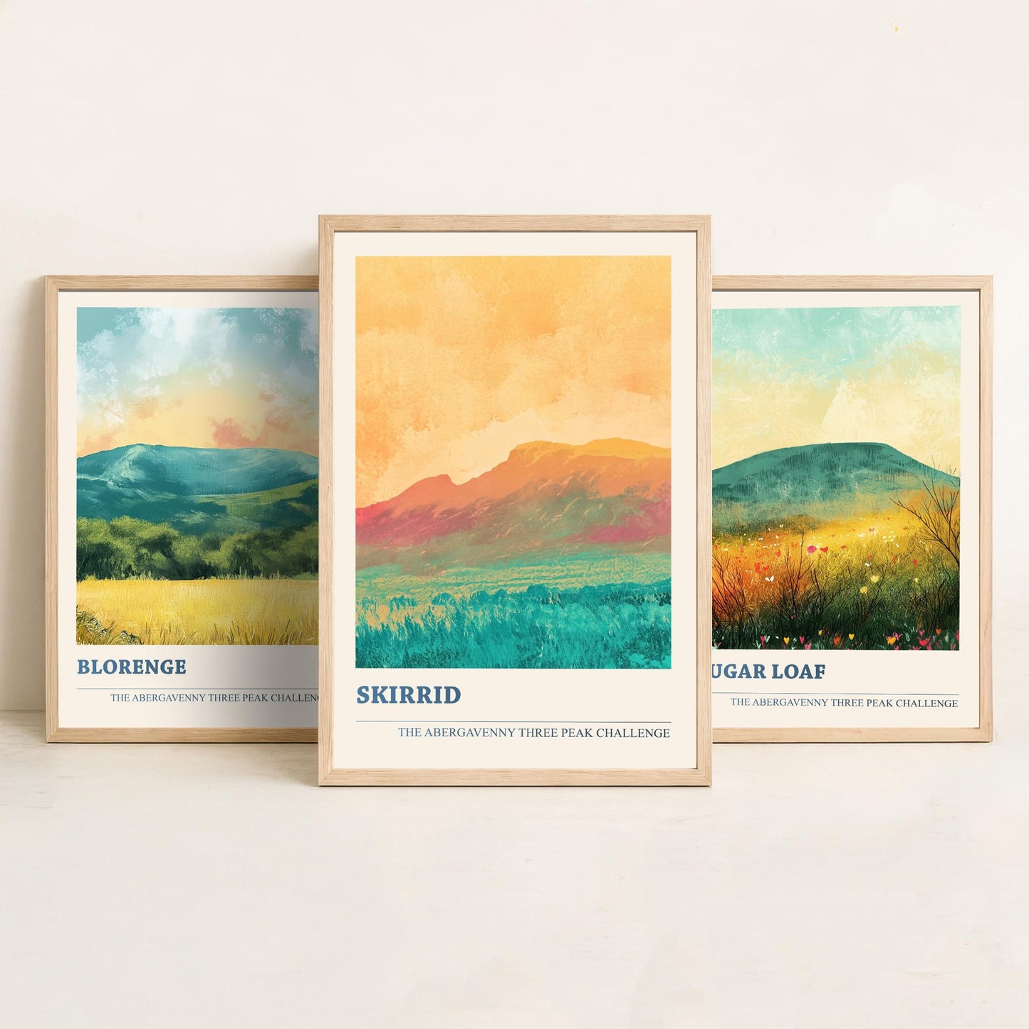 Abergavenny Three Peaks Set of Three Art Prints - Blorenge, Sugar Loaf, Skirrid - Golden Calm Pastel Welsh Mountain Posters Painting