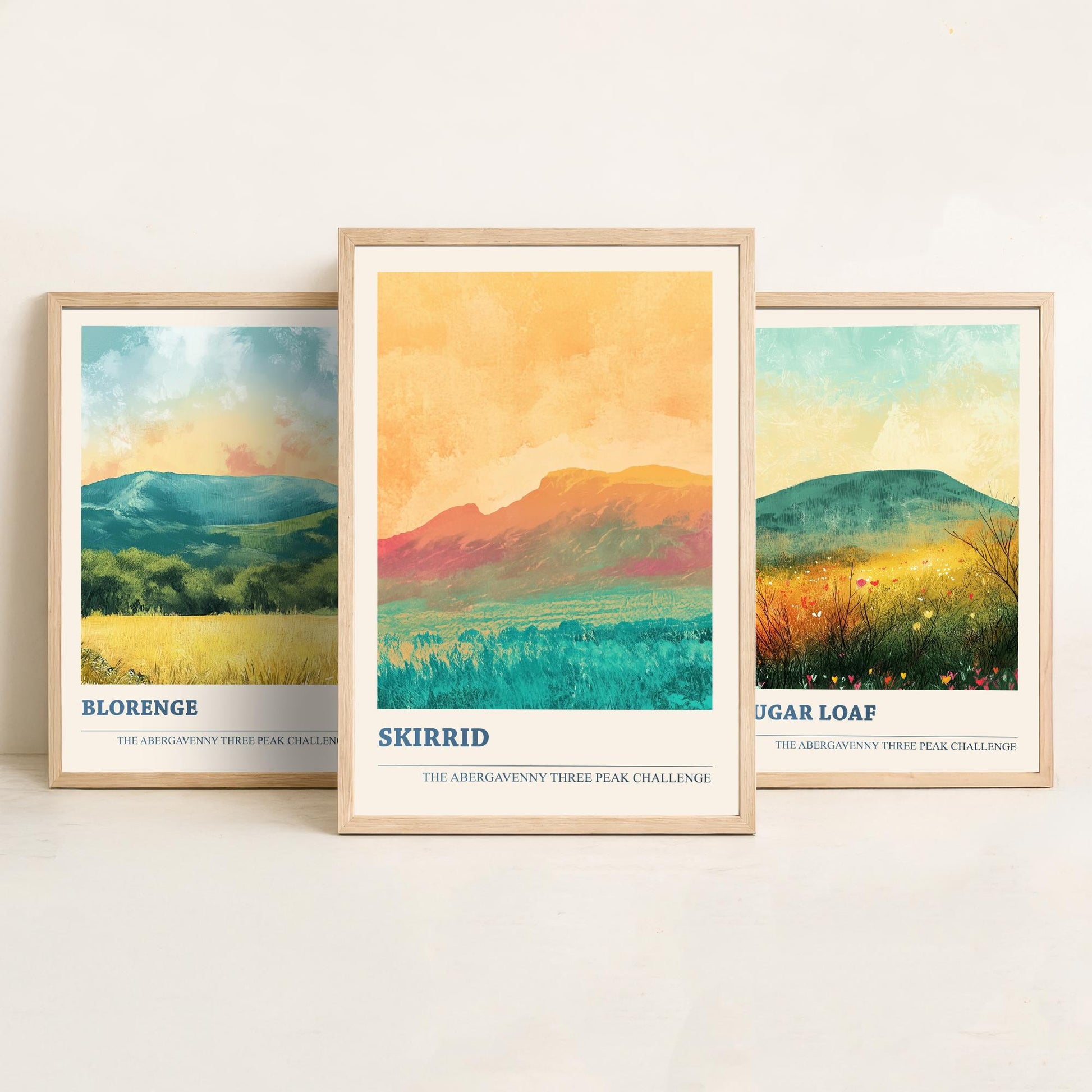Abergavenny Three Peaks Set of Three Art Prints - Blorenge, Sugar Loaf, Skirrid - Golden Calm Pastel Welsh Mountain Posters Painting