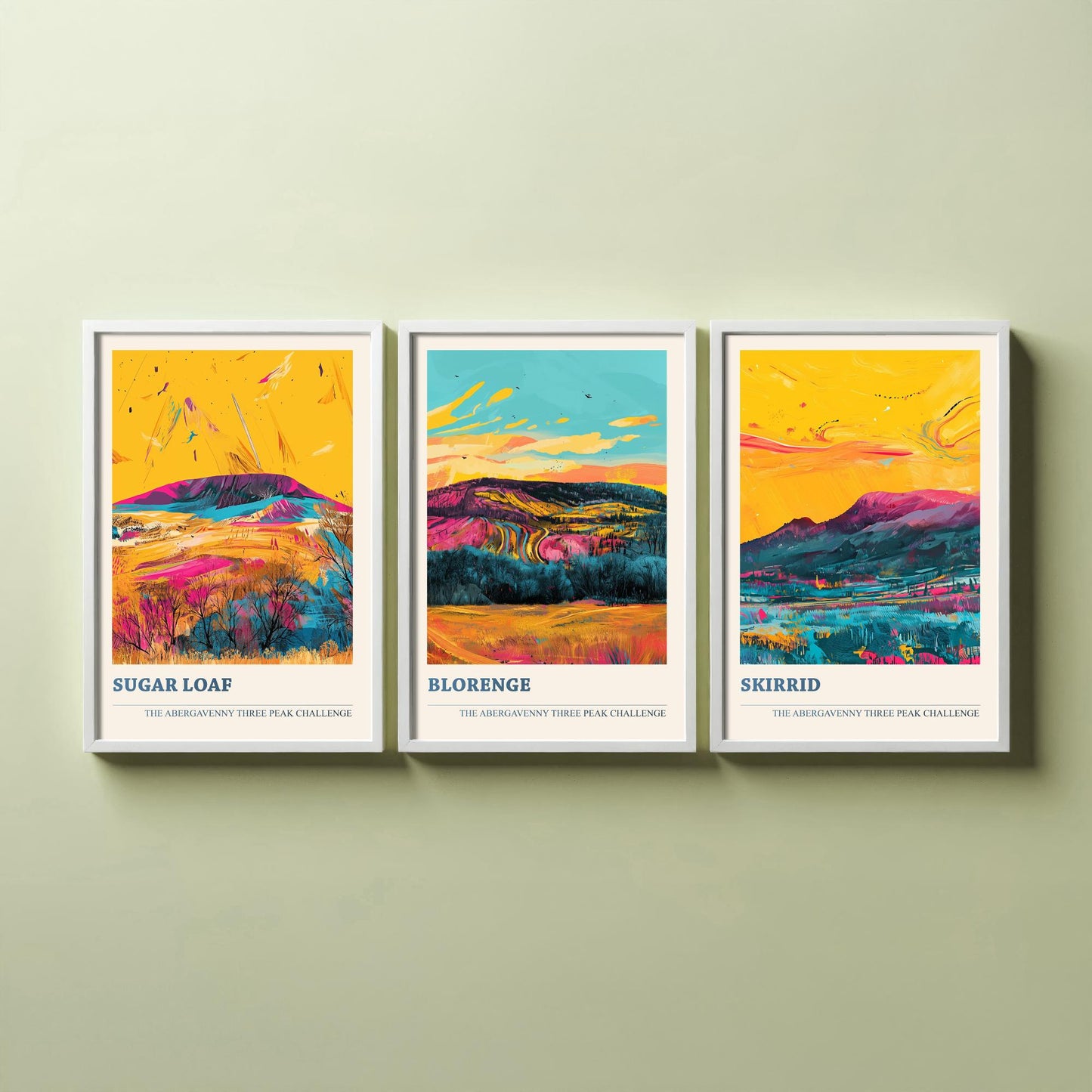 Abergavenny Three Peaks Set of Three Art Prints - Sugar Loaf, Blorenge, Skirrid - Ludwig Flow Vivid Welsh Mountain Posters - Painting