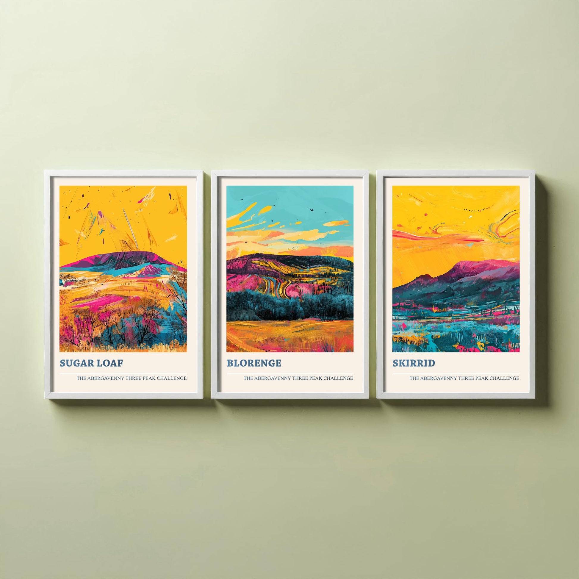 Abergavenny Three Peaks Set of Three Art Prints - Sugar Loaf, Blorenge, Skirrid - Ludwig Flow Vivid Welsh Mountain Posters - Painting