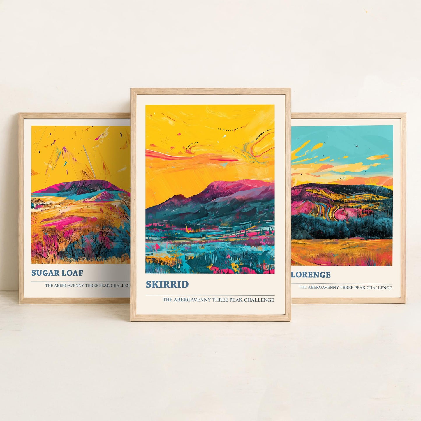 Abergavenny Three Peaks Set of Three Art Prints - Sugar Loaf, Blorenge, Skirrid - Ludwig Flow Vivid Welsh Mountain Posters - Painting