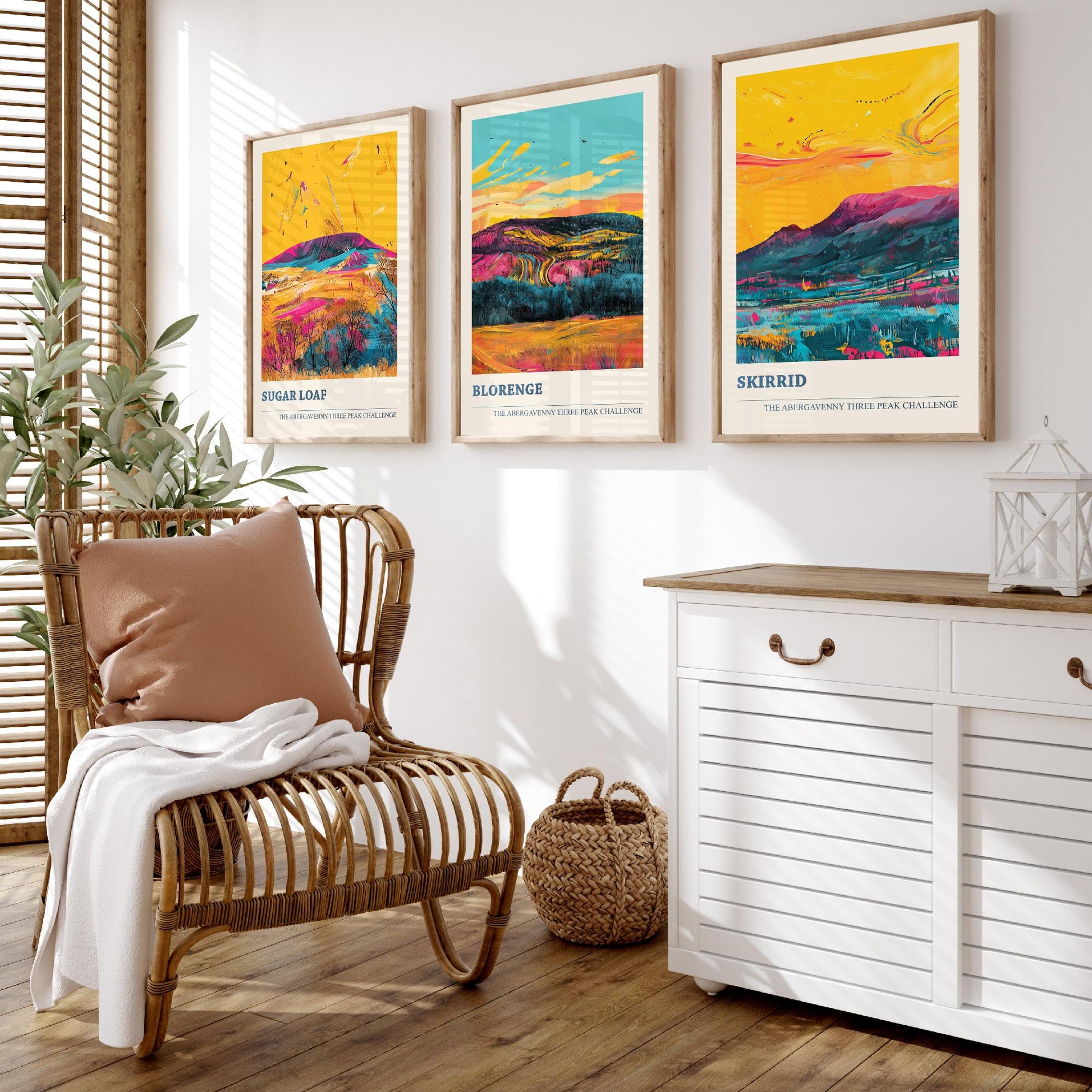 Abergavenny Three Peaks Set of Three Art Prints - Sugar Loaf, Blorenge, Skirrid - Ludwig Flow Vivid Welsh Mountain Posters - Painting
