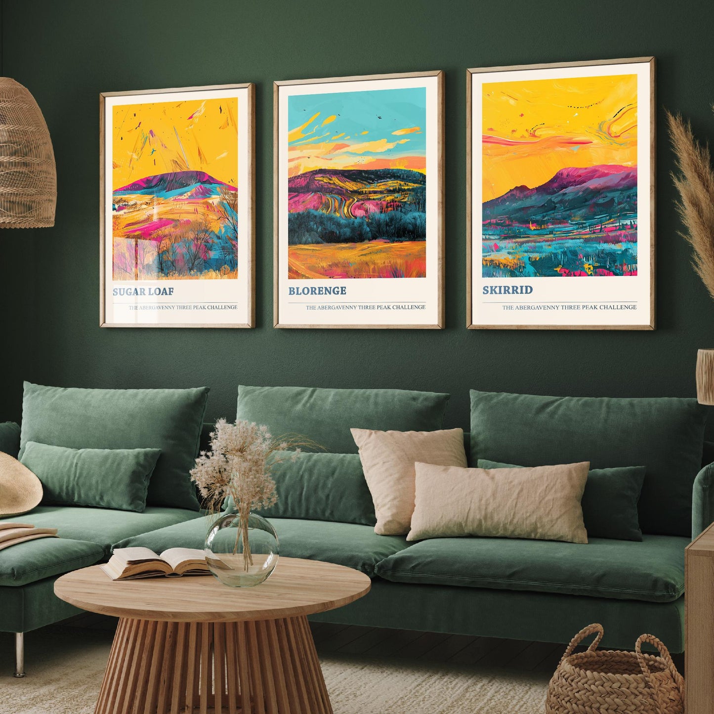 Abergavenny Three Peaks Set of Three Art Prints - Sugar Loaf, Blorenge, Skirrid - Ludwig Flow Vivid Welsh Mountain Posters - Painting