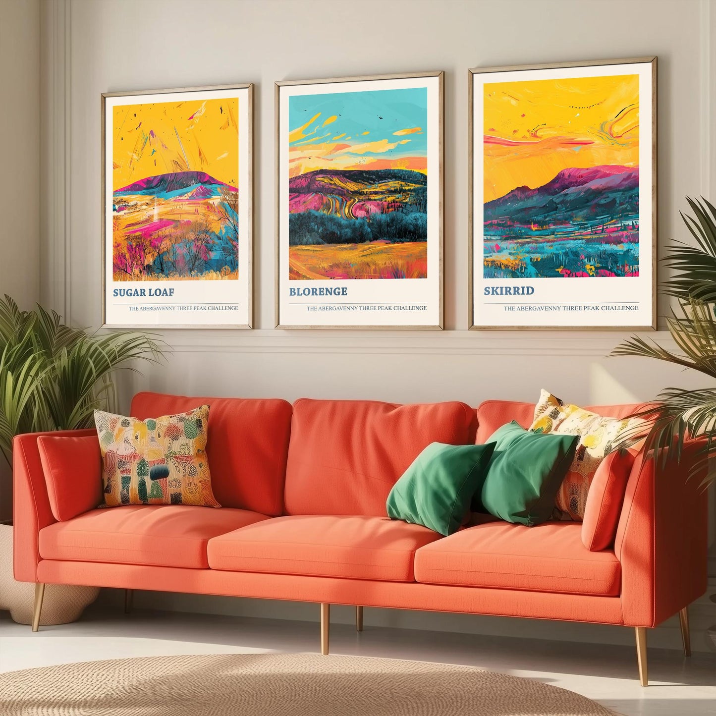 Abergavenny Three Peaks Set of Three Art Prints - Sugar Loaf, Blorenge, Skirrid - Ludwig Flow Vivid Welsh Mountain Posters - Painting