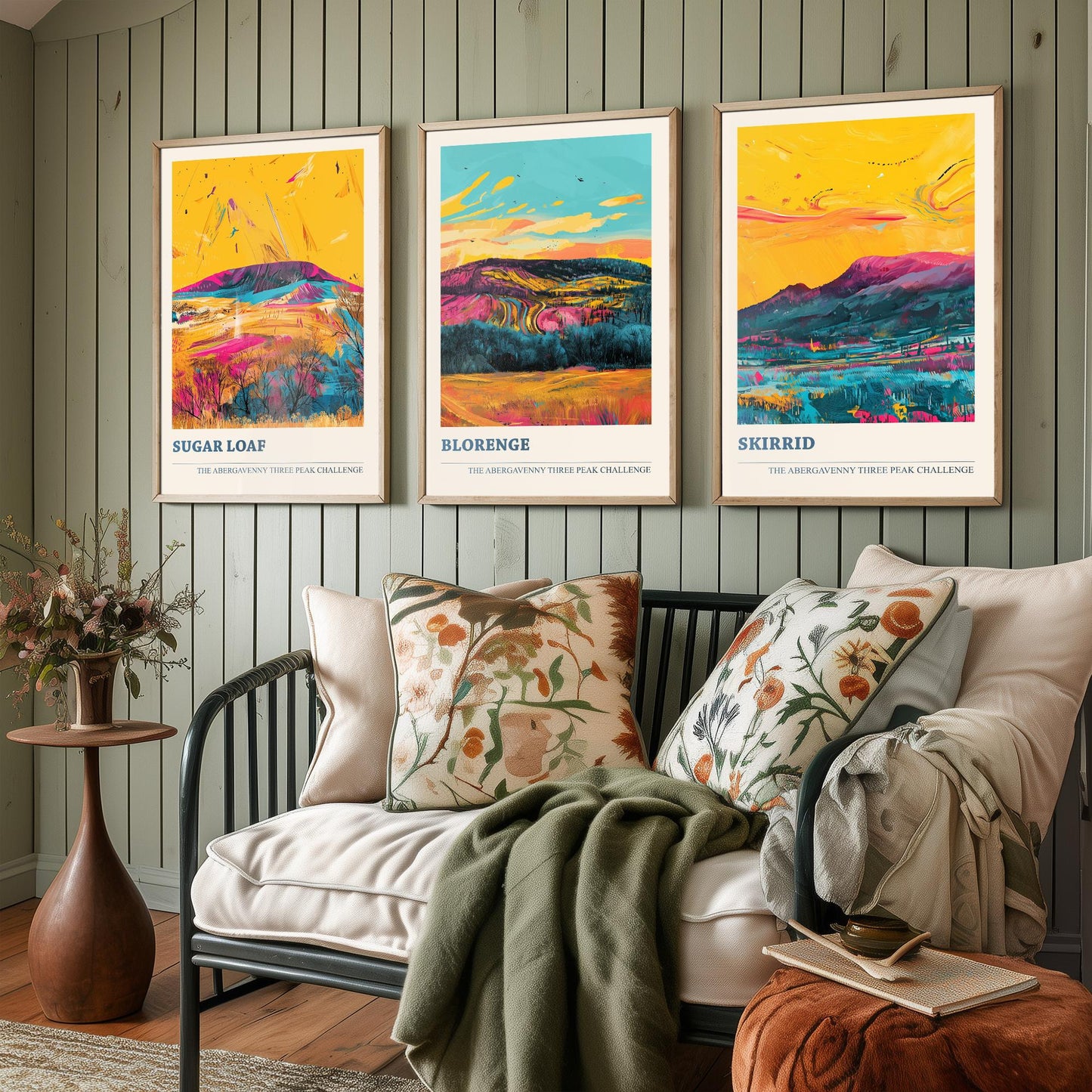 Abergavenny Three Peaks Set of Three Art Prints - Sugar Loaf, Blorenge, Skirrid - Ludwig Flow Vivid Welsh Mountain Posters - Painting