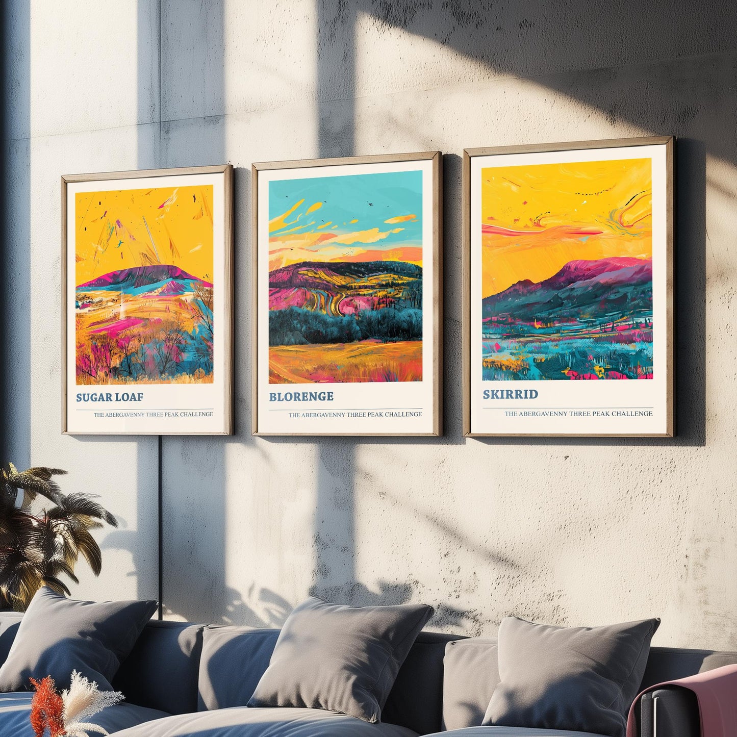 Abergavenny Three Peaks Set of Three Art Prints - Sugar Loaf, Blorenge, Skirrid - Ludwig Flow Vivid Welsh Mountain Posters - Painting