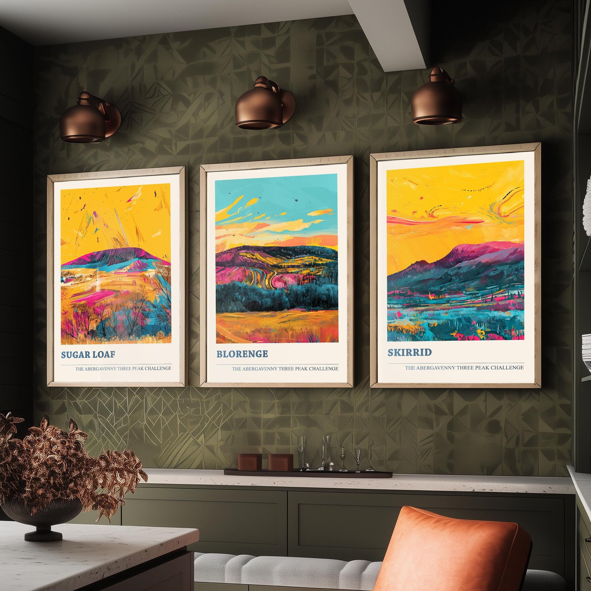 Abergavenny Three Peaks Set of Three Art Prints - Sugar Loaf, Blorenge, Skirrid - Ludwig Flow Vivid Welsh Mountain Posters - Painting