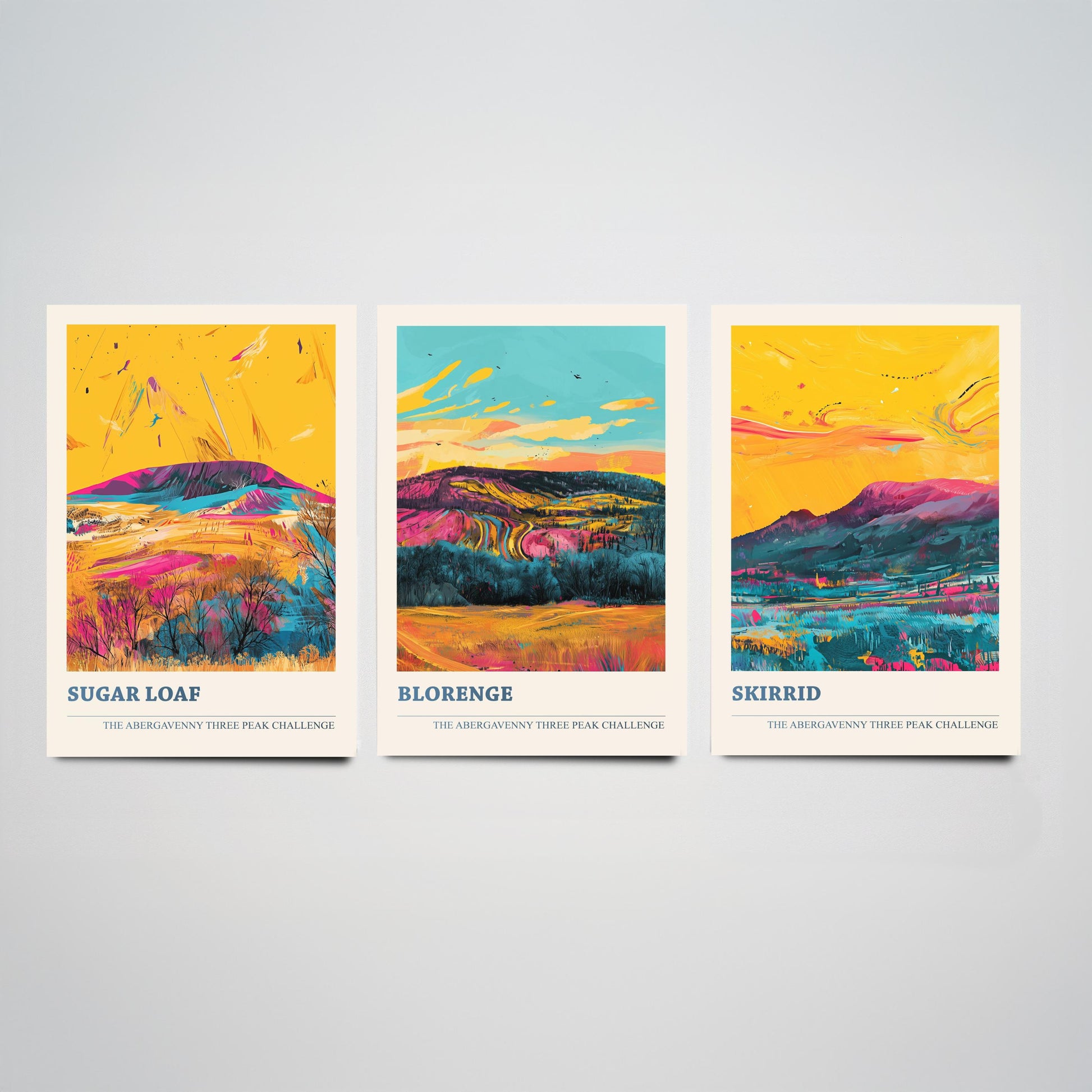 Abergavenny Three Peaks Set of Three Art Prints - Sugar Loaf, Blorenge, Skirrid - Ludwig Flow Vivid Welsh Mountain Posters - Painting