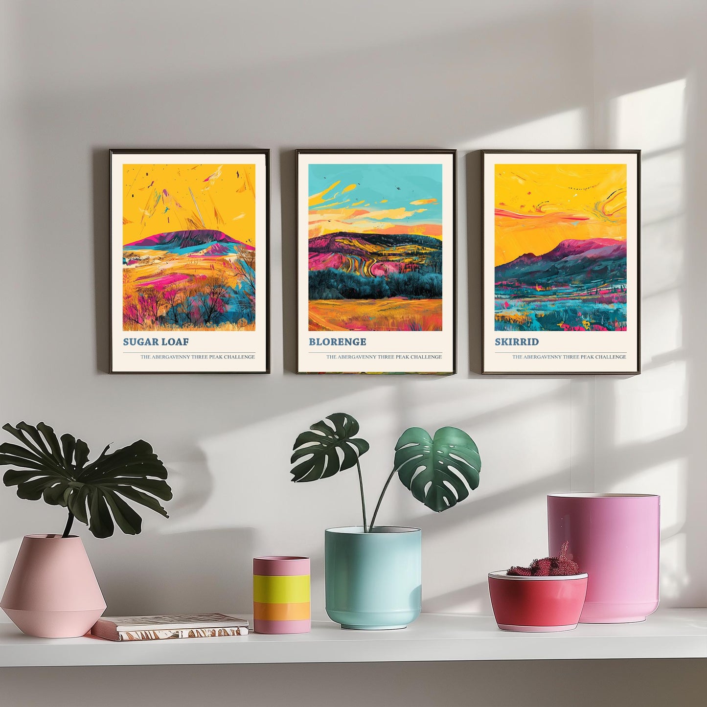 Abergavenny Three Peaks Set of Three Art Prints - Sugar Loaf, Blorenge, Skirrid - Ludwig Flow Vivid Welsh Mountain Posters - Painting
