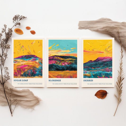 Abergavenny Three Peaks Set of Three Art Prints - Sugar Loaf, Blorenge, Skirrid - Ludwig Flow Vivid Welsh Mountain Posters - Painting