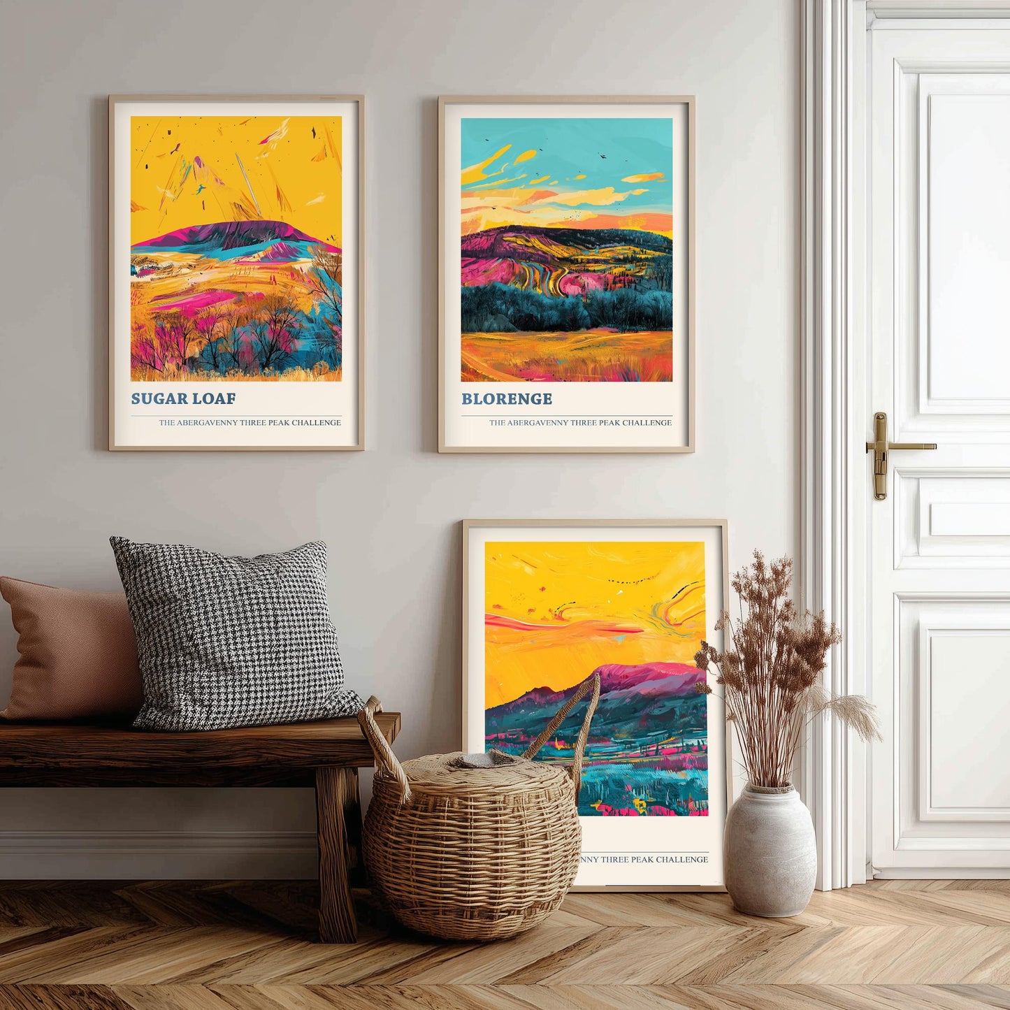 Abergavenny Three Peaks Set of Three Art Prints - Sugar Loaf, Blorenge, Skirrid - Ludwig Flow Vivid Welsh Mountain Posters - Painting