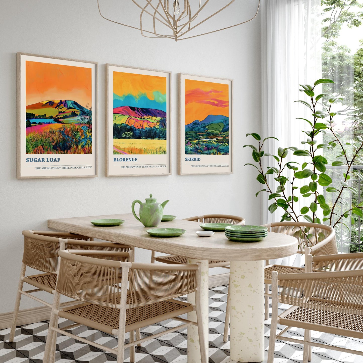 Abergavenny Three Peak Challenge Prints - Set of Three Sugar Loaf, Blorenge, Skirrid Posters - Orange Jet Bold Wales Art - Painting