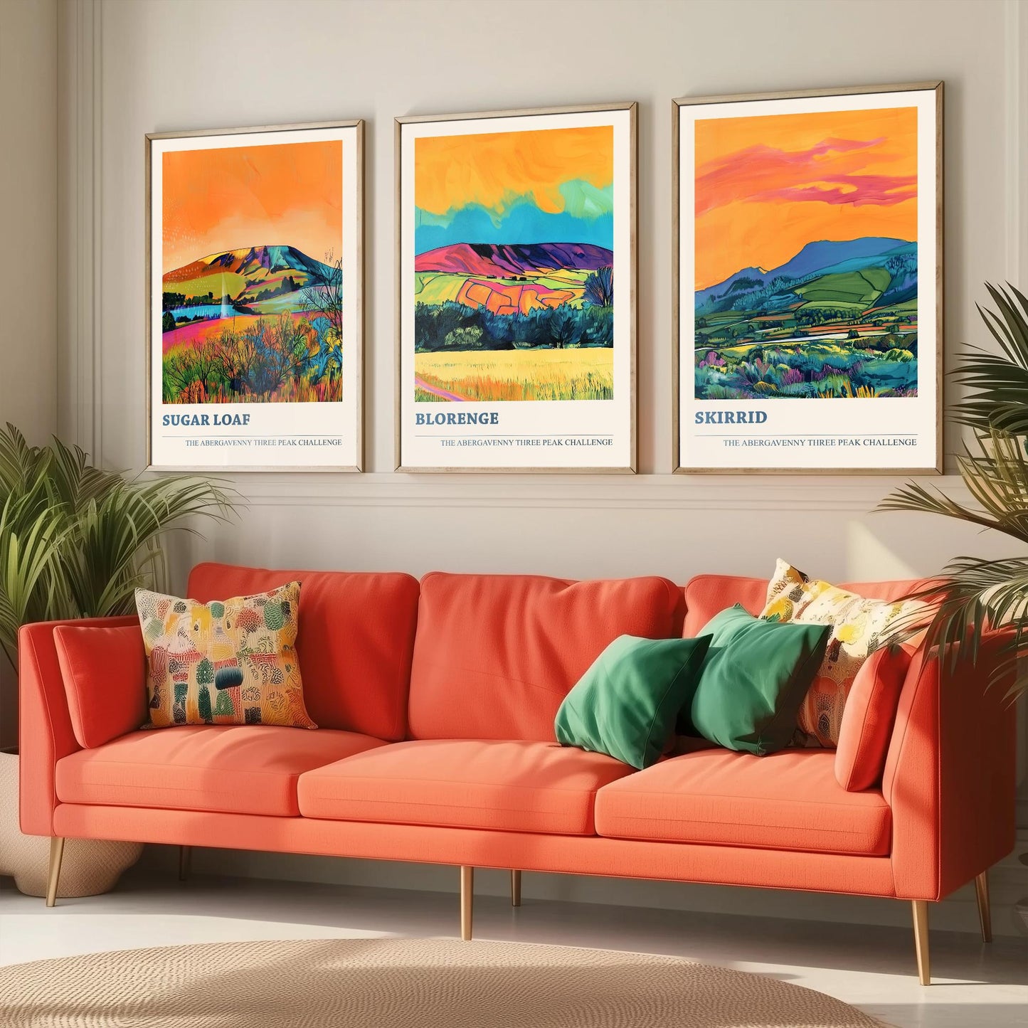 Abergavenny Three Peak Challenge Prints - Set of Three Sugar Loaf, Blorenge, Skirrid Posters - Orange Jet Bold Wales Art - Painting