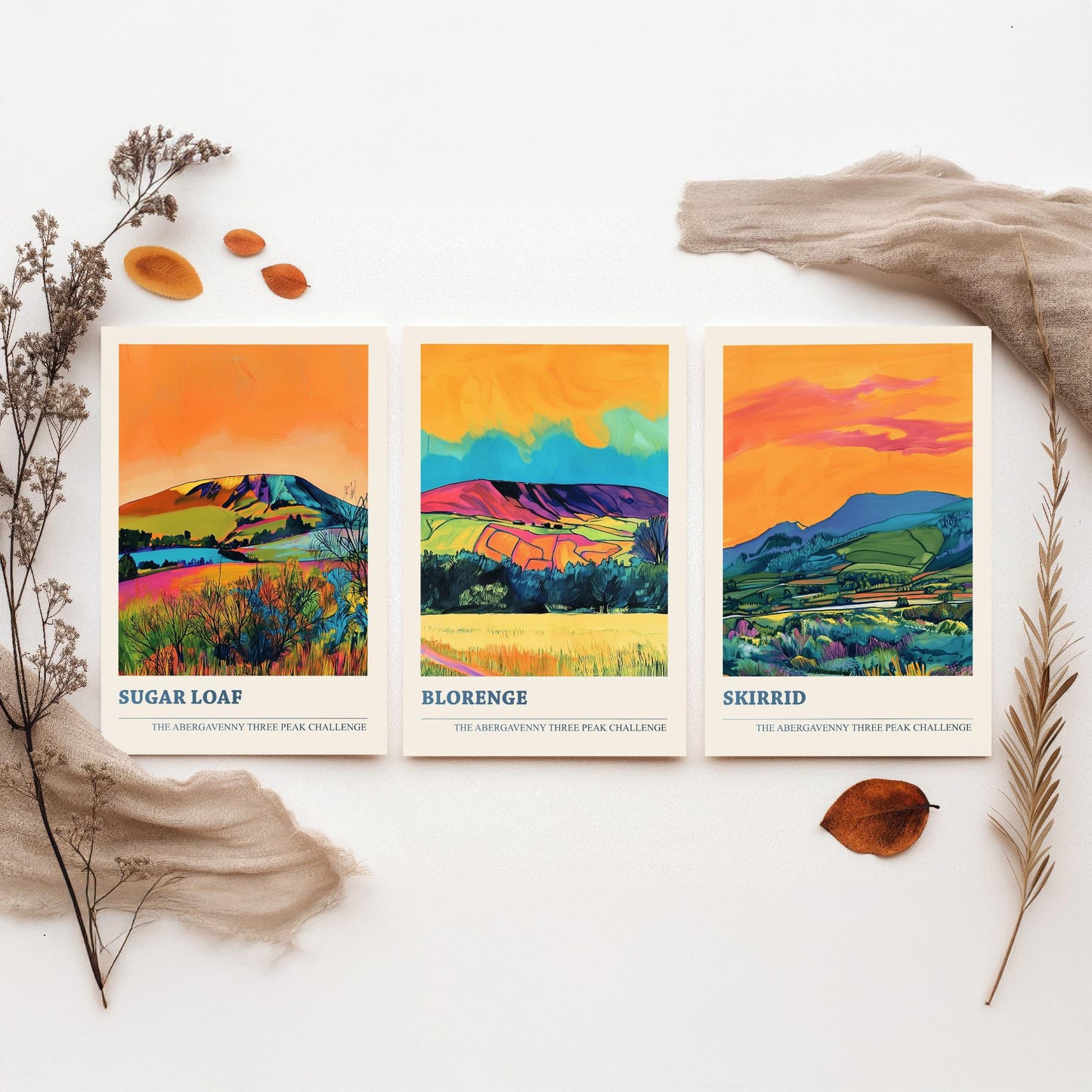 Abergavenny Three Peak Challenge Prints - Set of Three Sugar Loaf, Blorenge, Skirrid Posters - Orange Jet Bold Wales Art - Painting
