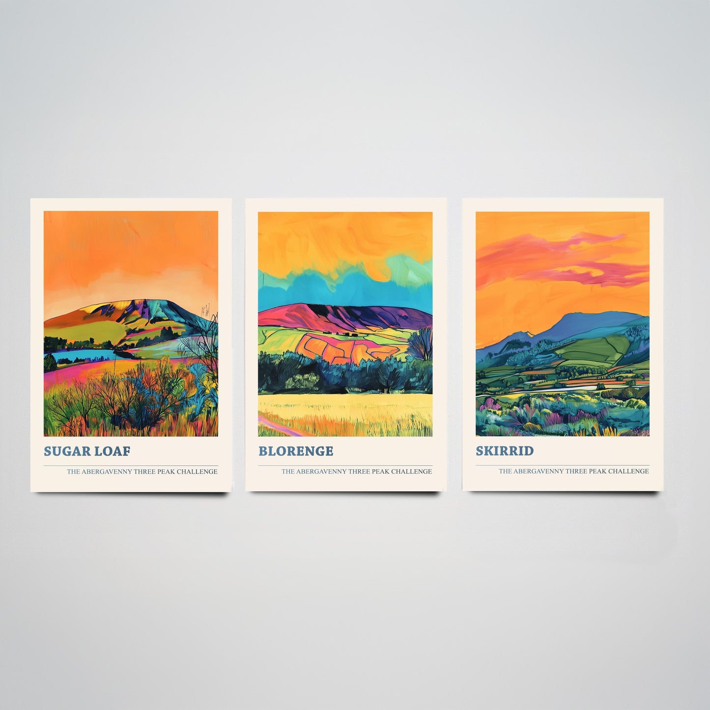 Abergavenny Three Peak Challenge Prints - Set of Three Sugar Loaf, Blorenge, Skirrid Posters - Orange Jet Bold Wales Art - Painting