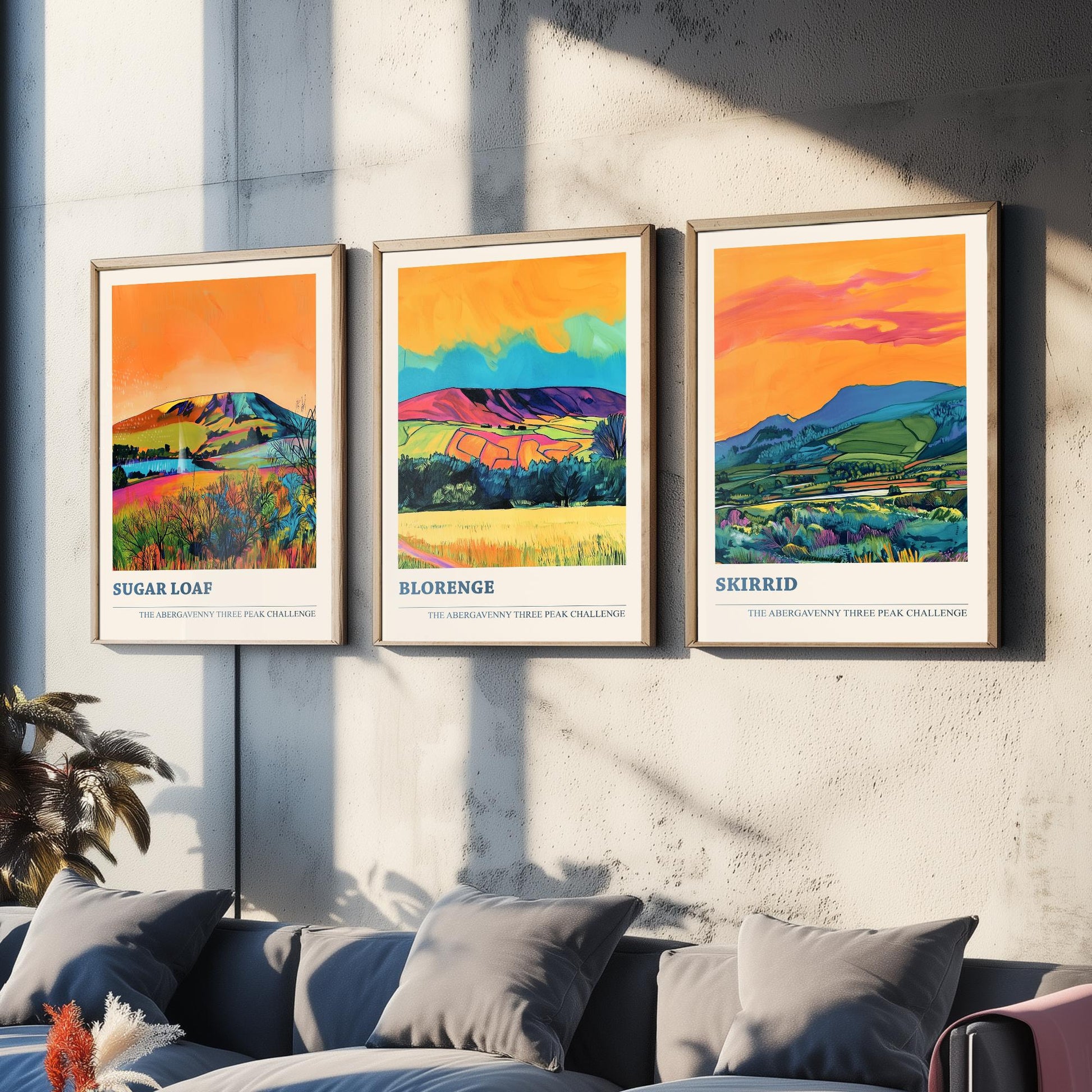 Abergavenny Three Peak Challenge Prints - Set of Three Sugar Loaf, Blorenge, Skirrid Posters - Orange Jet Bold Wales Art - Painting