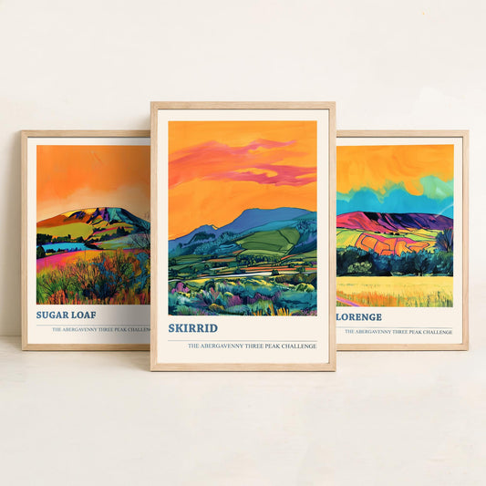 Abergavenny Three Peak Challenge Prints - Set of Three Sugar Loaf, Blorenge, Skirrid Posters - Orange Jet Bold Wales Art - Painting