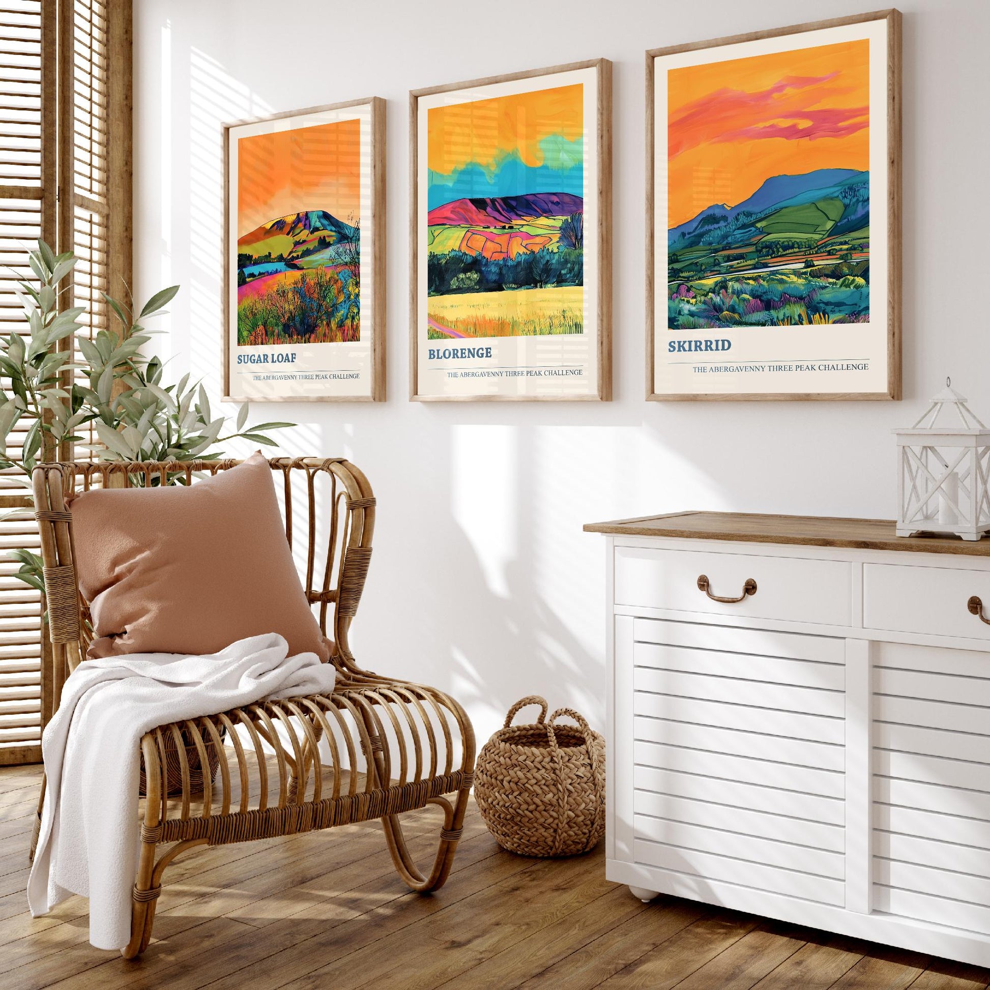 Abergavenny Three Peak Challenge Prints - Set of Three Sugar Loaf, Blorenge, Skirrid Posters - Orange Jet Bold Wales Art - Painting