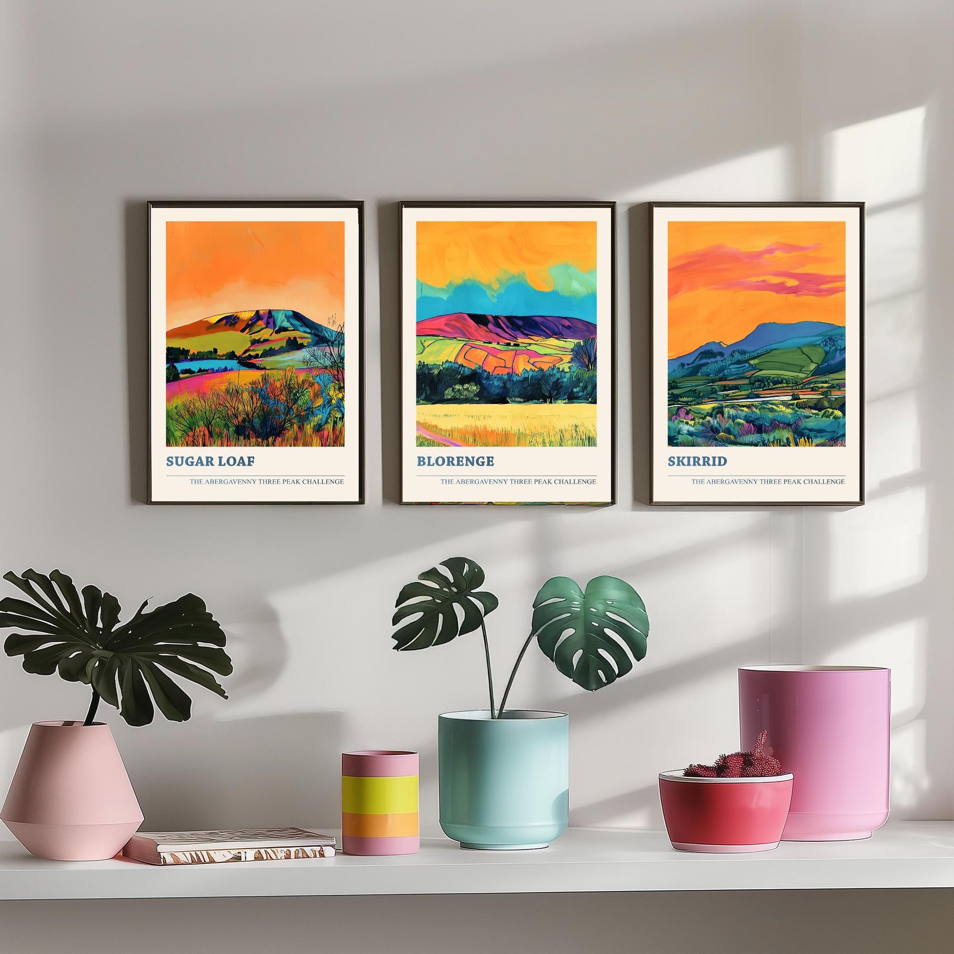 Abergavenny Three Peak Challenge Prints - Set of Three Sugar Loaf, Blorenge, Skirrid Posters - Orange Jet Bold Wales Art - Painting