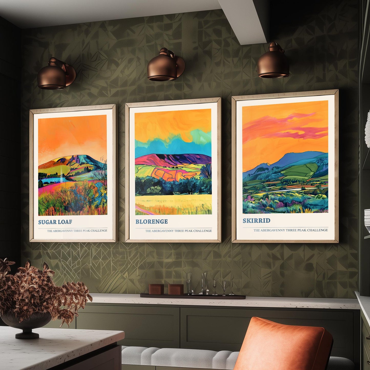 Abergavenny Three Peak Challenge Prints - Set of Three Sugar Loaf, Blorenge, Skirrid Posters - Orange Jet Bold Wales Art - Painting