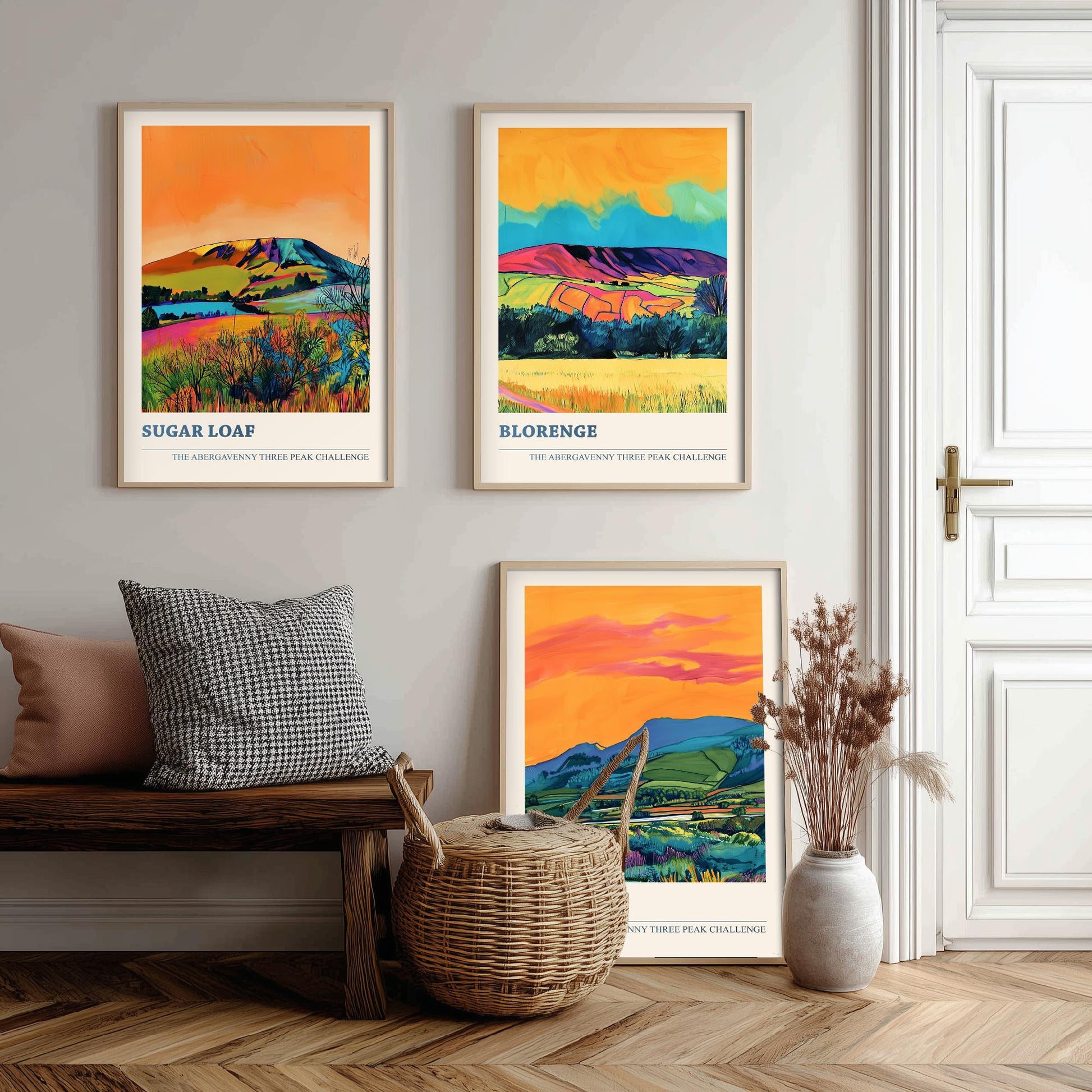 Abergavenny Three Peak Challenge Prints - Set of Three Sugar Loaf, Blorenge, Skirrid Posters - Orange Jet Bold Wales Art - Painting